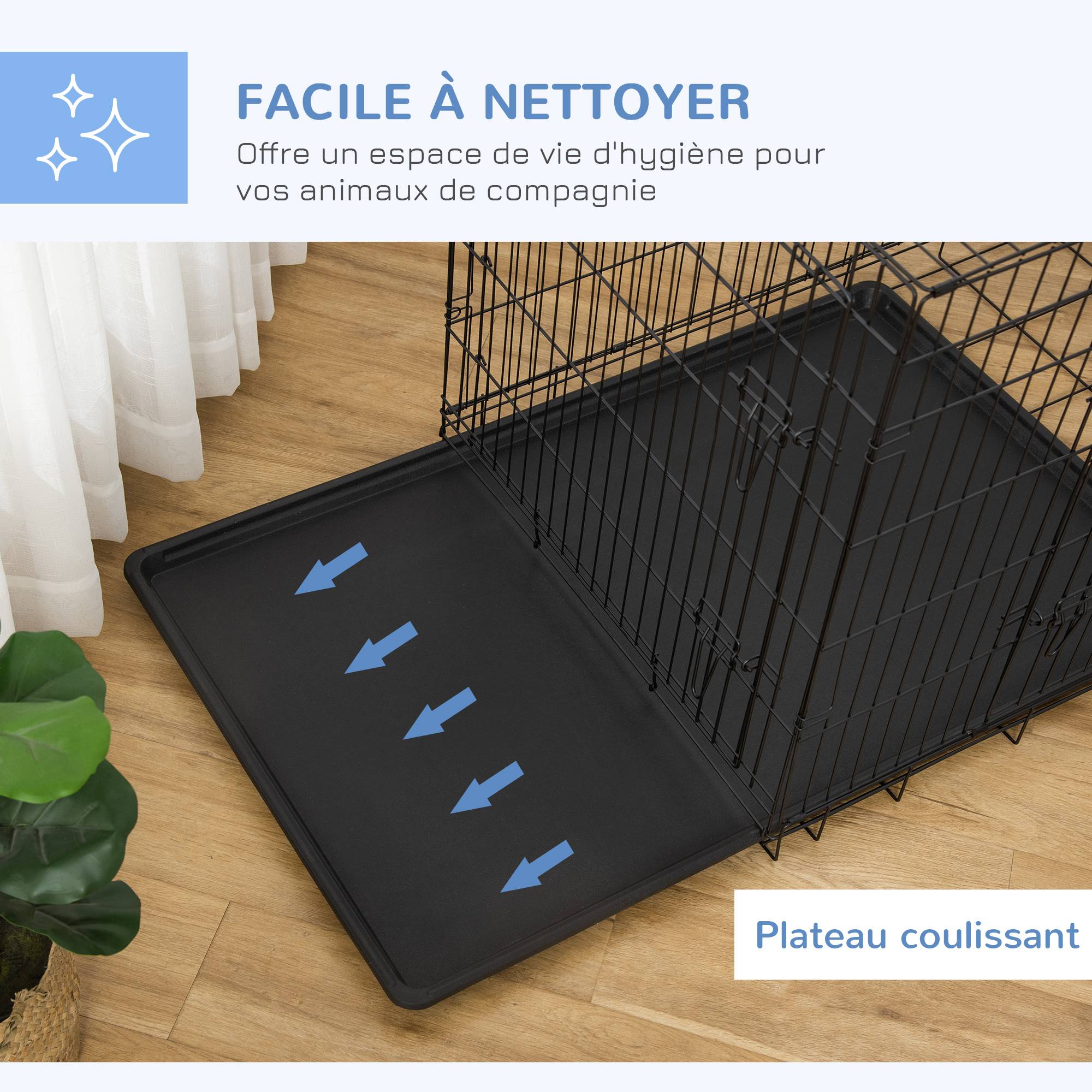 Pawhut - Cage de transport pour chien pliable - 2 portes verrouillables - plateau amovible - dim. 121L x 77l x 82H cm - acier ABS noir - Image 6