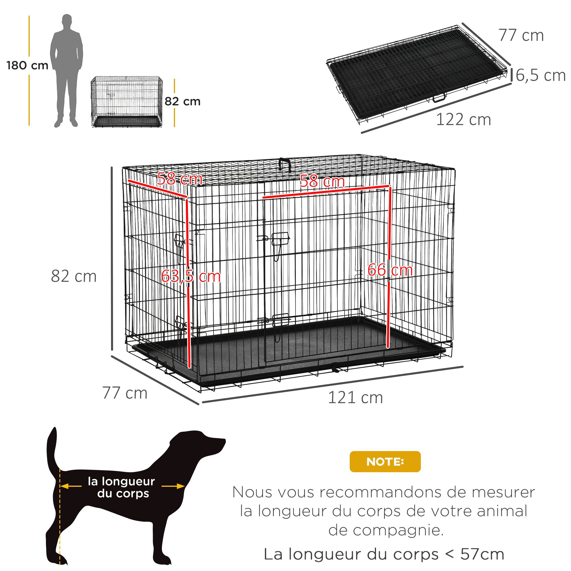 Pawhut - Cage de transport pour chien pliable - 2 portes verrouillables - plateau amovible - dim. 121L x 77l x 82H cm - acier ABS noir - Image 3