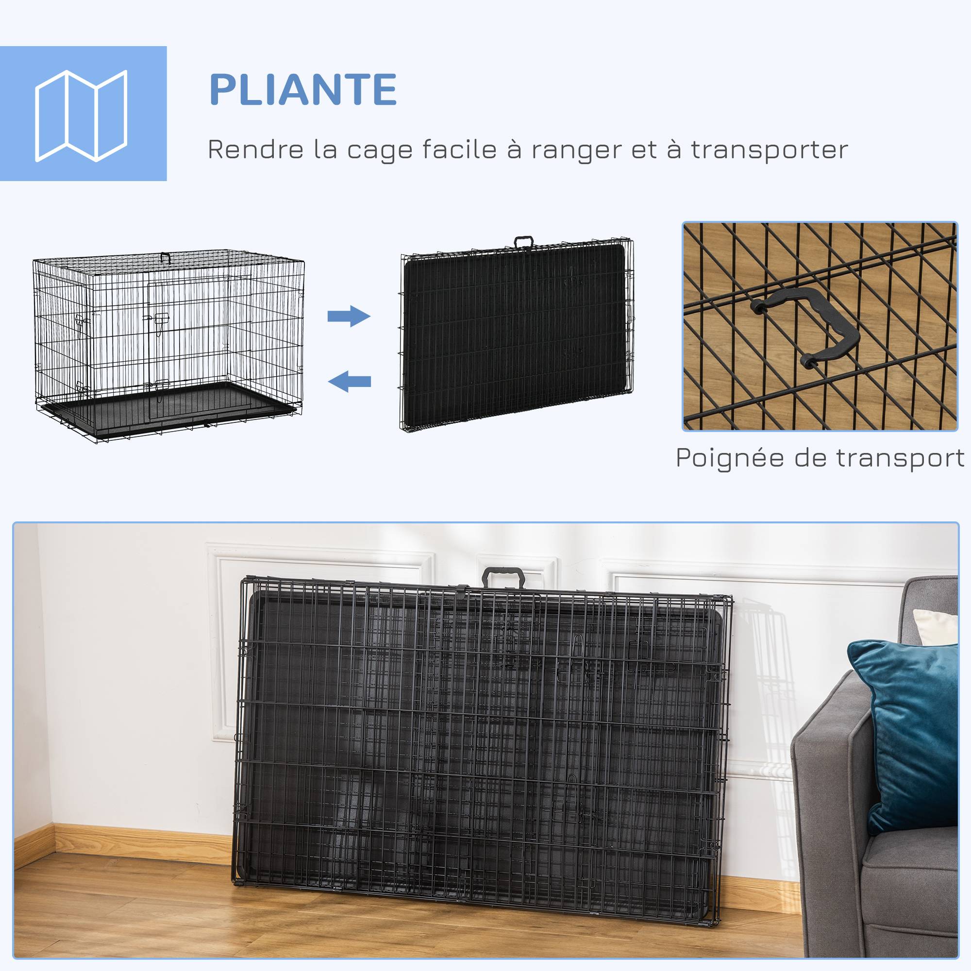 Pawhut - Cage de transport pour chien pliable - 2 portes verrouillables - plateau amovible - dim. 121L x 77l x 82H cm - acier ABS noir - Image 7
