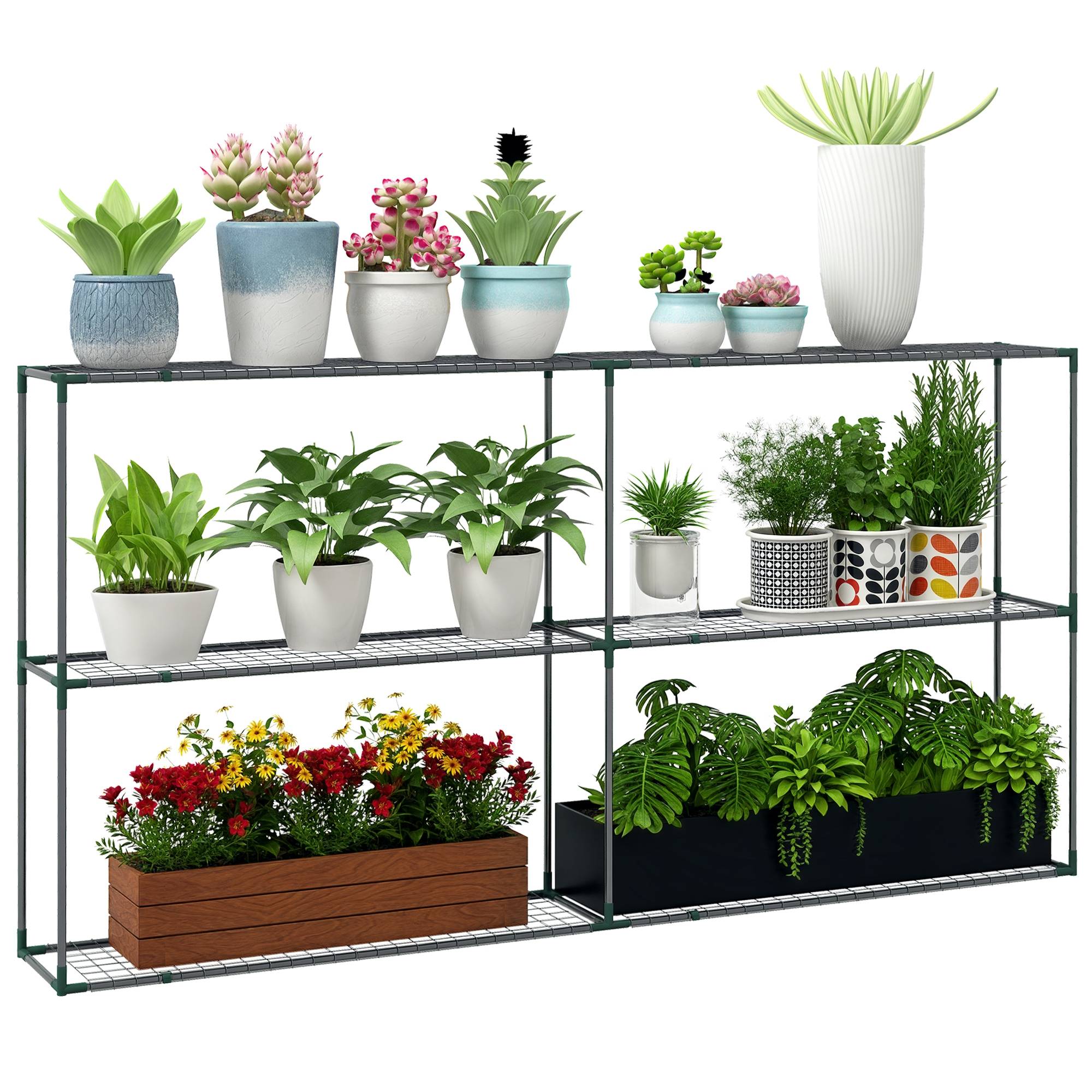 Porte-fleurs 3 niveaux, étagère plantes serres, remises, garages, 222x30x114 cm, vert foncé - Image 1