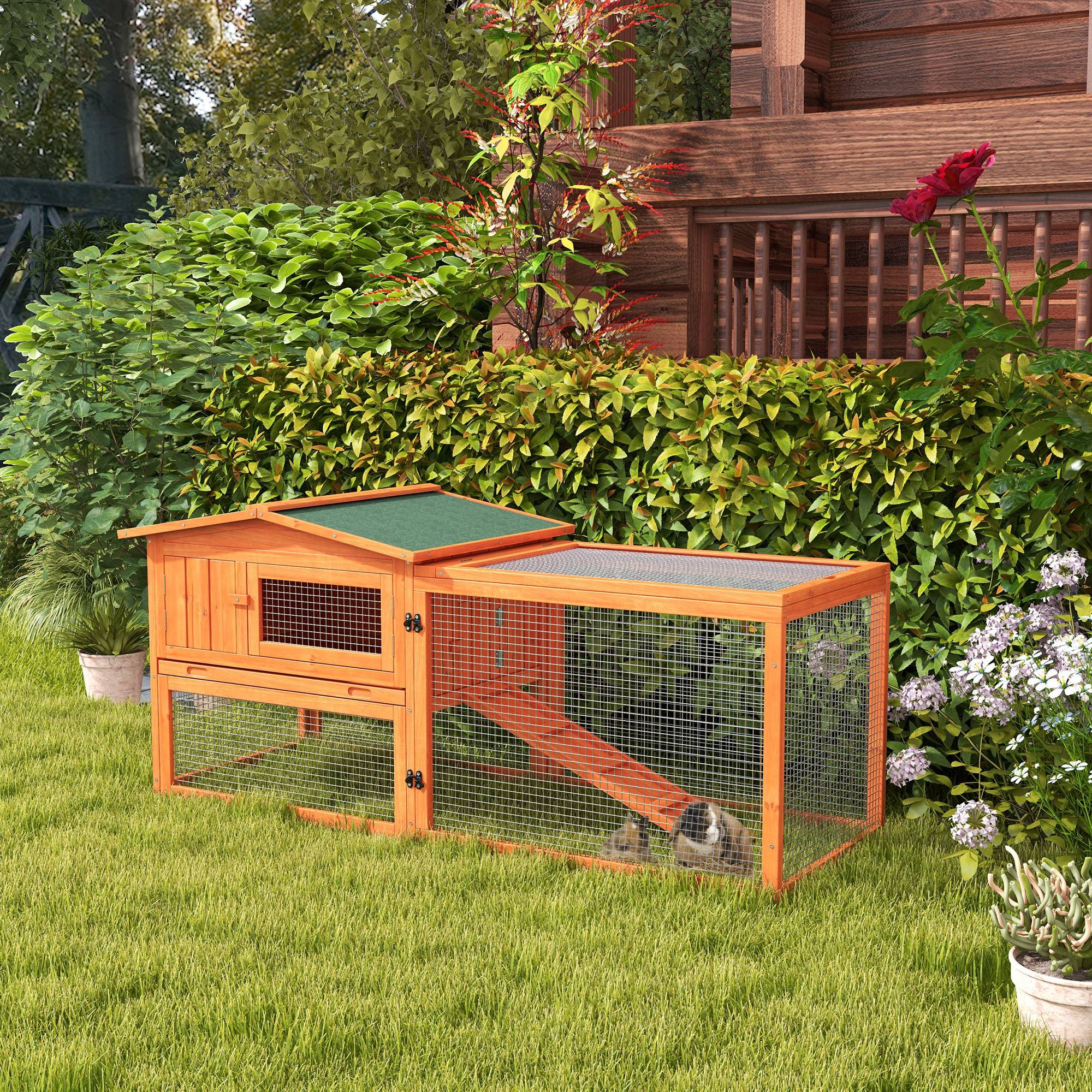 Clapier Lapin Bois Sapin Extérieur Toit Bitumé Enclos Grillagé 156cm Orange - ComfortXL Pet Living - Image 1