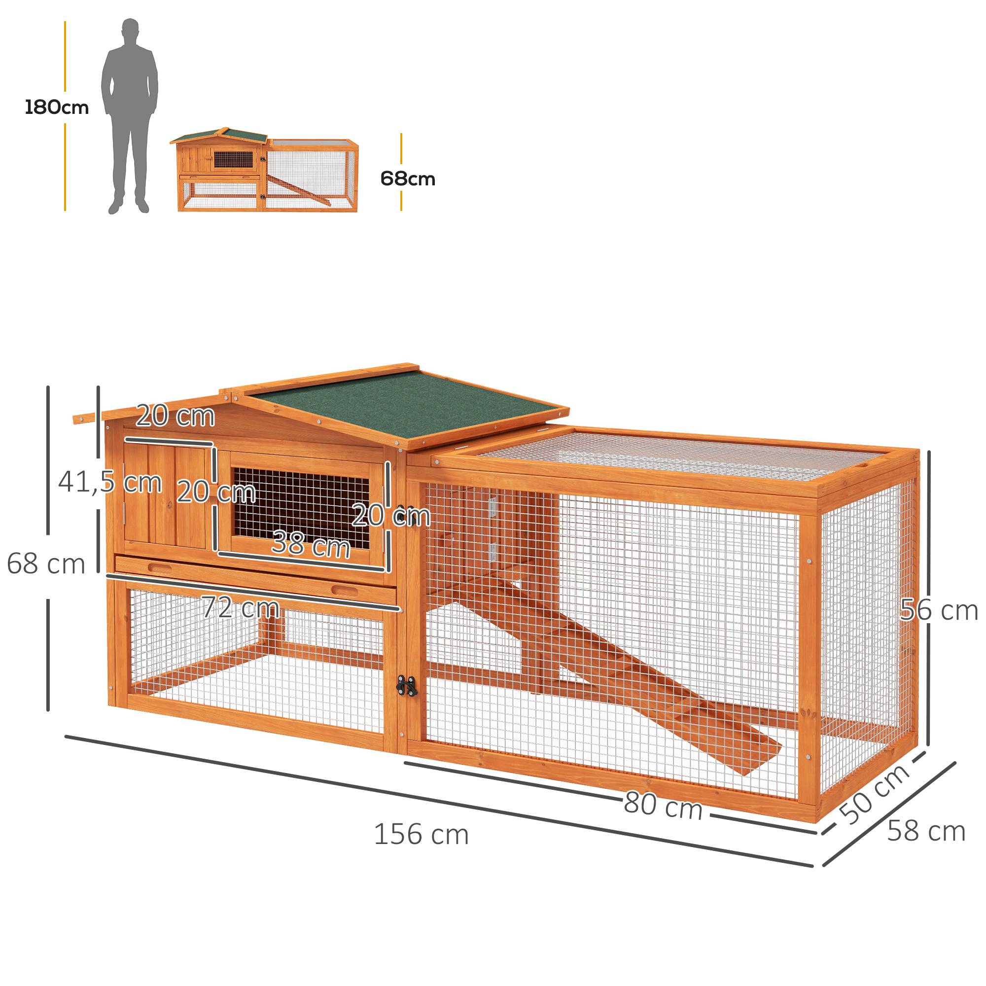 Clapier Lapin Bois Sapin Extérieur Toit Bitumé Enclos Grillagé 156cm Orange - ComfortXL Pet Living - Image 3