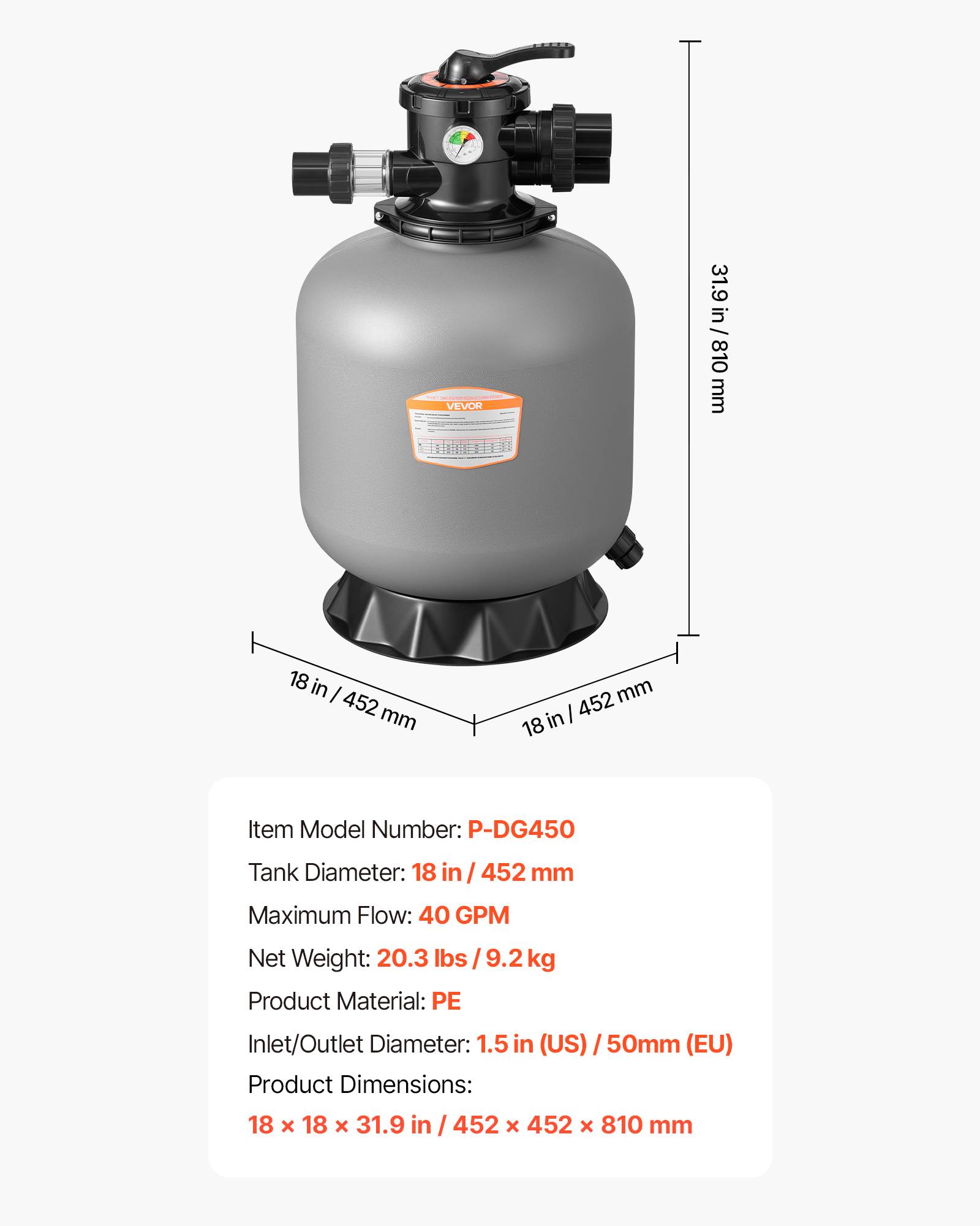 Vevor - VEVOR Filtre à sable 45,7 cm, 151,4 L/min pour piscines hors-sol et creusées, vanne 7 voies, PE anti-corrosion, raccords 1-1/2 pouces. - Image 6