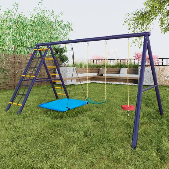 Aire de jeux extérieure acier enfants 3 balançoires escalade basket bleu 310x174cm - ComfortXL Outdoor Living - Image 7