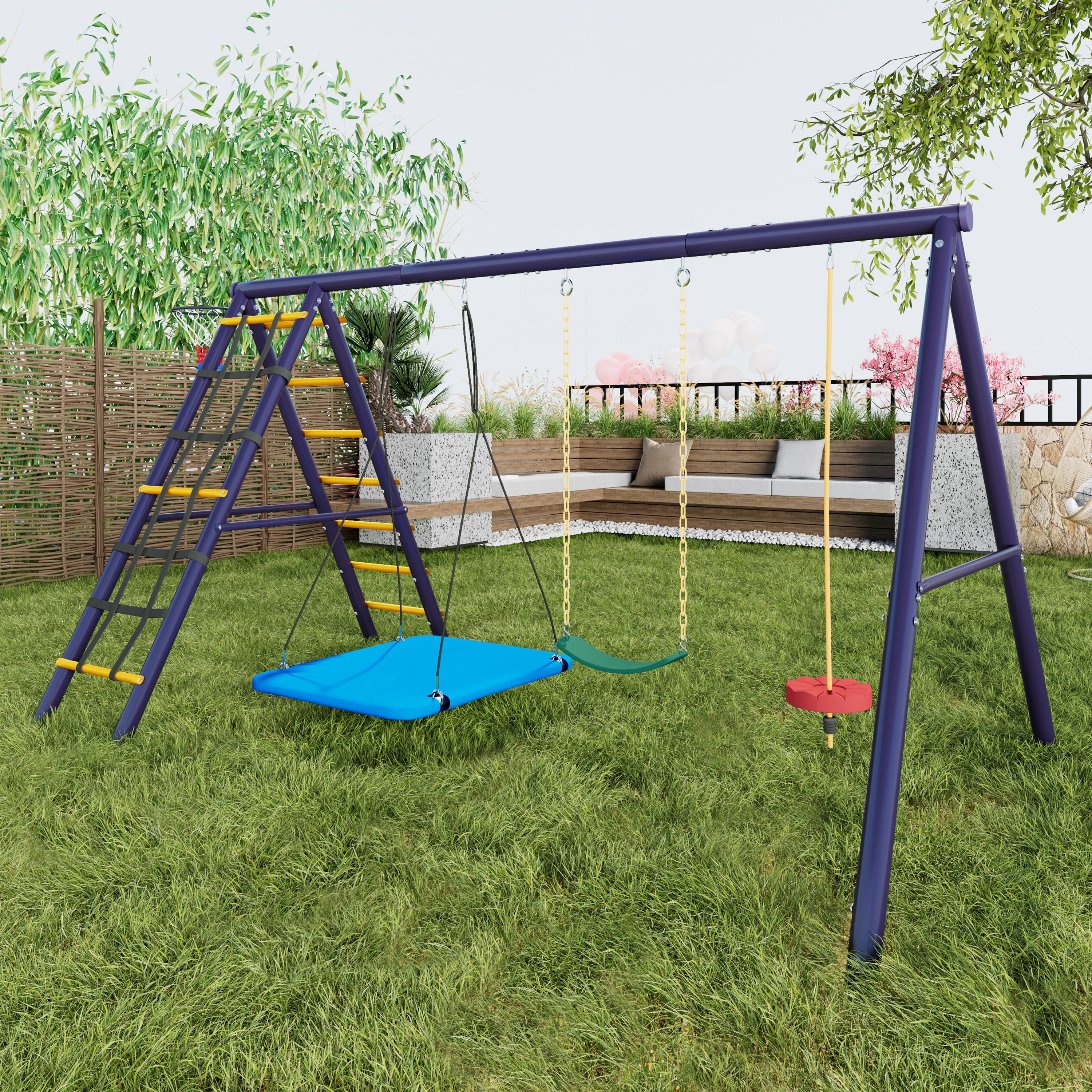 Aire de jeux extérieure acier enfants 3 balançoires escalade basket bleu 310x174cm - ComfortXL Outdoor Living - Image 7