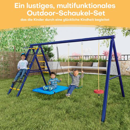 Aire de jeux extérieure acier enfants 3 balançoires escalade basket bleu 310x174cm - ComfortXL Outdoor Living - Image 6