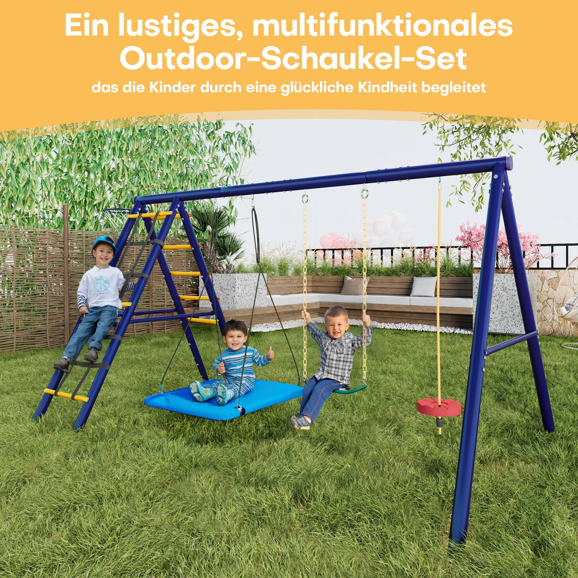 Aire de jeux extérieure acier enfants 3 balançoires escalade basket bleu 310x174cm - ComfortXL Outdoor Living - Image 6