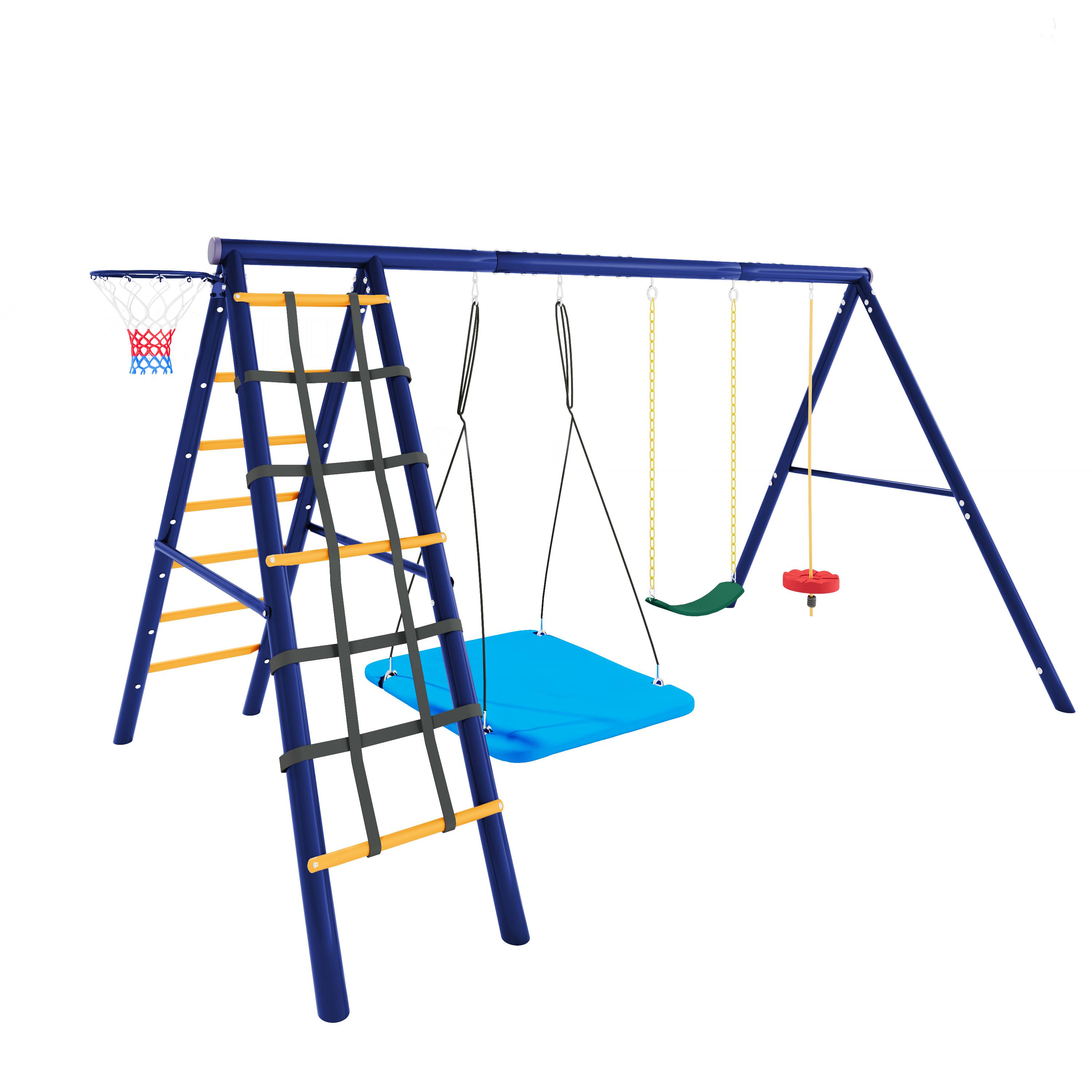 Aire de jeux extérieure acier enfants 3 balançoires escalade basket bleu 310x174cm - ComfortXL Outdoor Living - Image 2