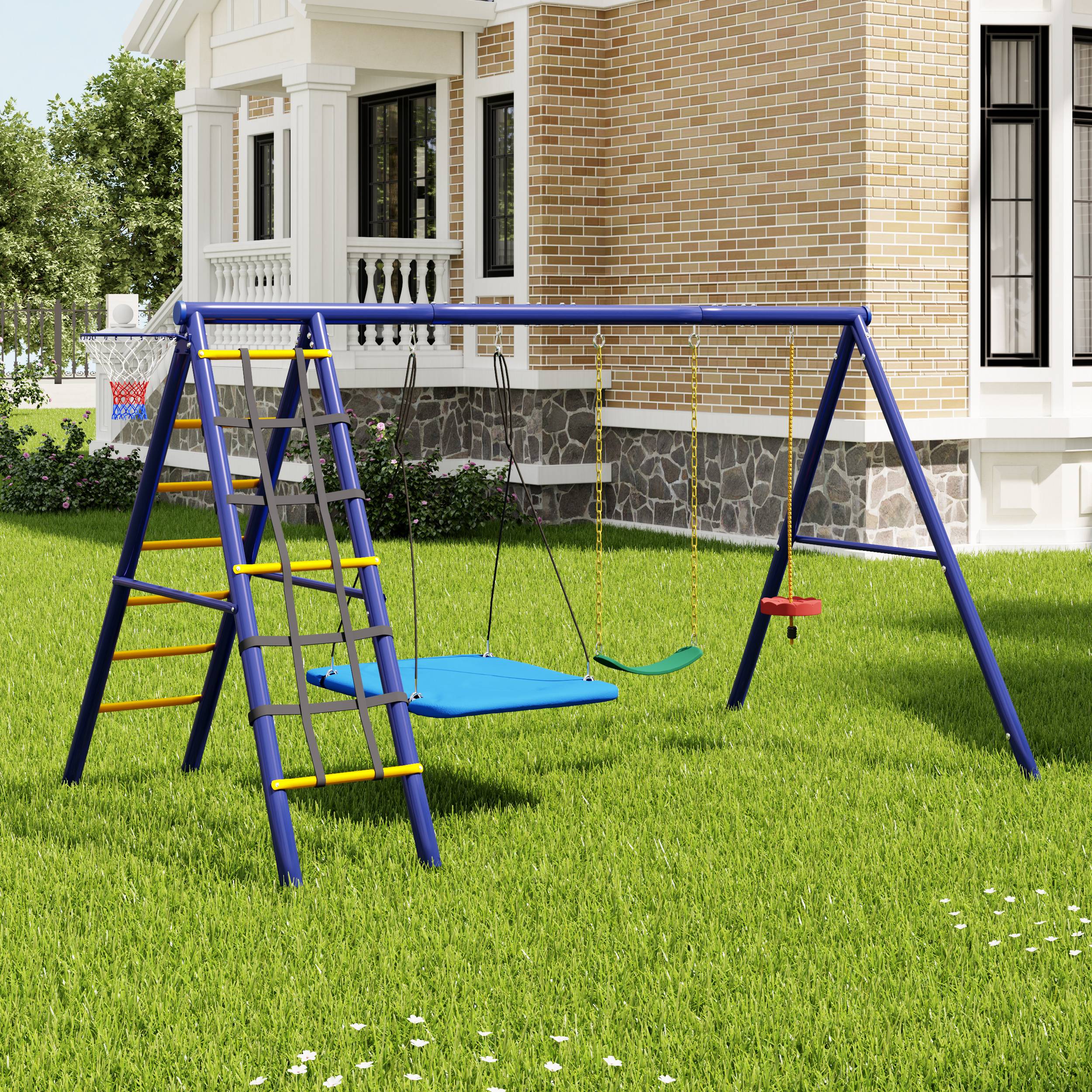 Aire de jeux extérieure acier enfants 3 balançoires escalade basket bleu 310x174cm - ComfortXL Outdoor Living