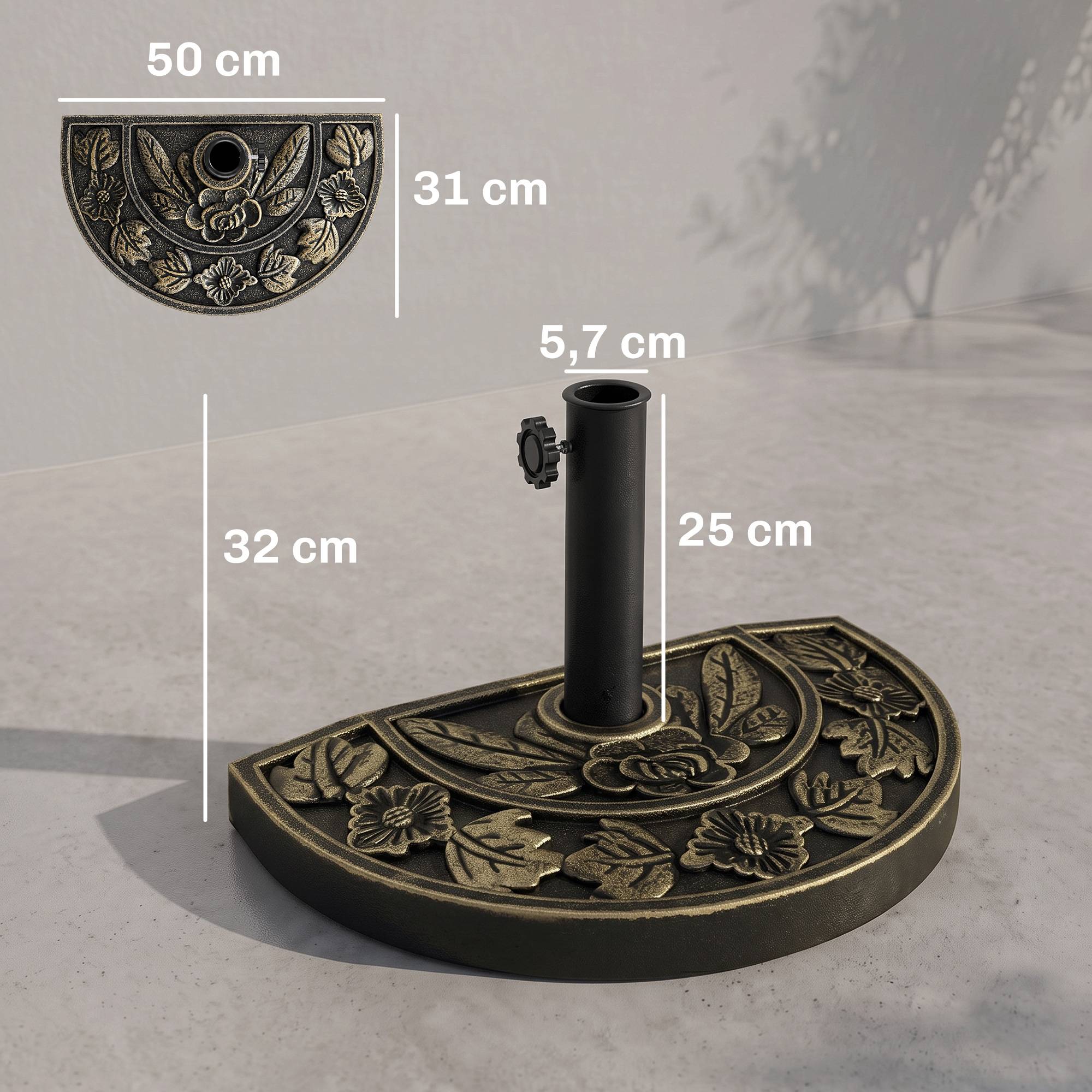 Support parasol 9 kg semi-circulaire, mat Ø3,8 cm et Ø4,8 cm, 50x31x32 cm, bronze - Image 5