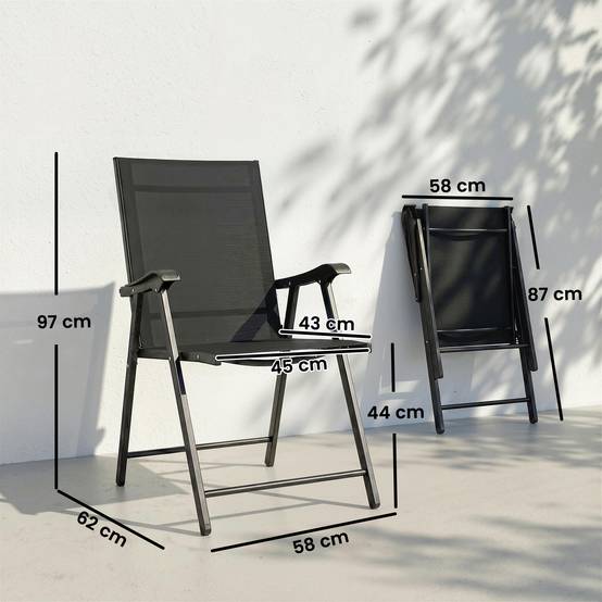 Lot de 2 chaises pliantes de jardin à accoudoir haut en texteline et acier, couleur noire, dimensions 58 x 62 x 97 cm - Image 3