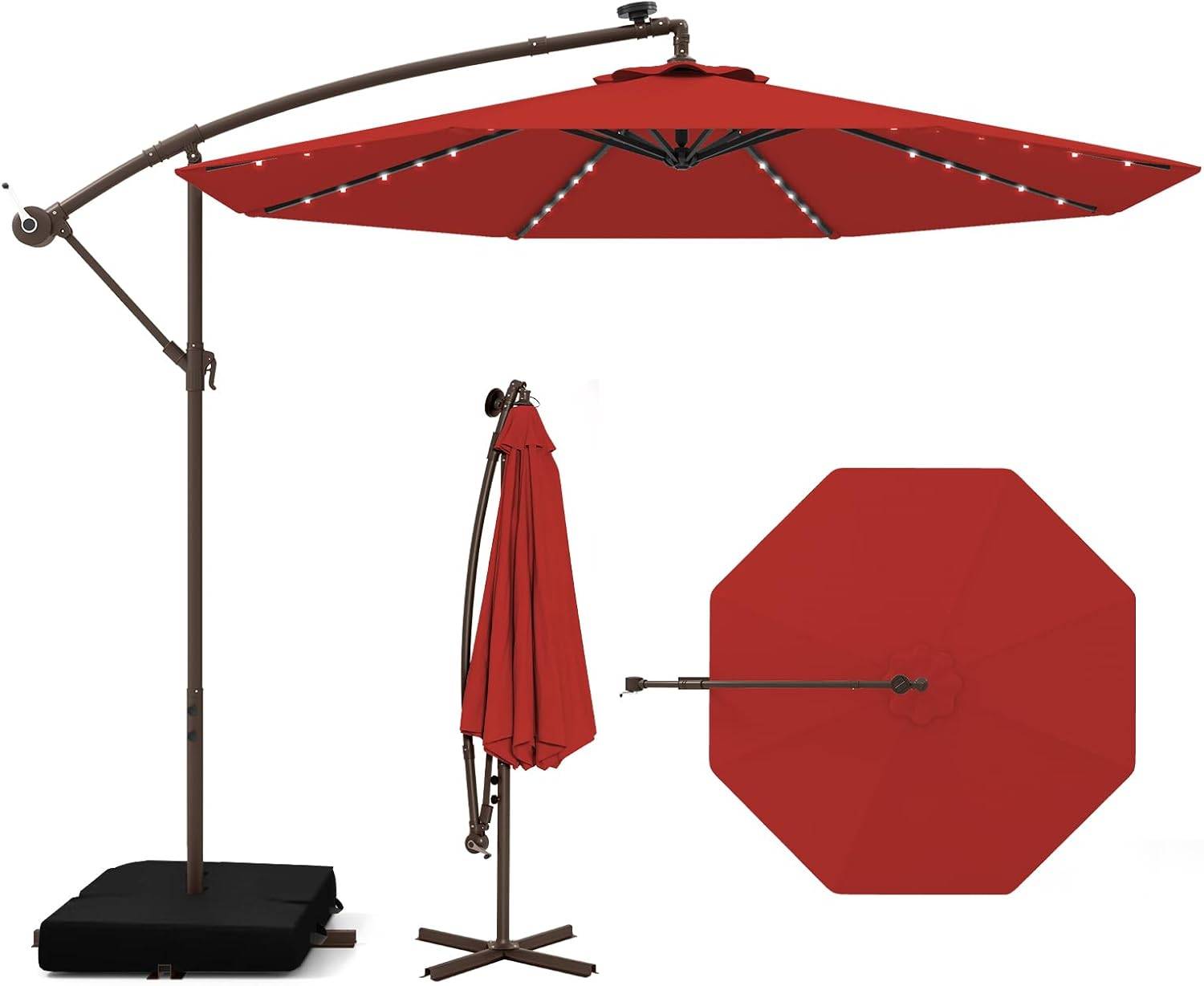 Costway - Parasol Déporté 3 x 3M, Grand Parasol de Jardin Extérieur Lumineux Solaire avec 2 Sacs de Sable, Parasol Inclinable avec Manivelle Rouge - Image 1