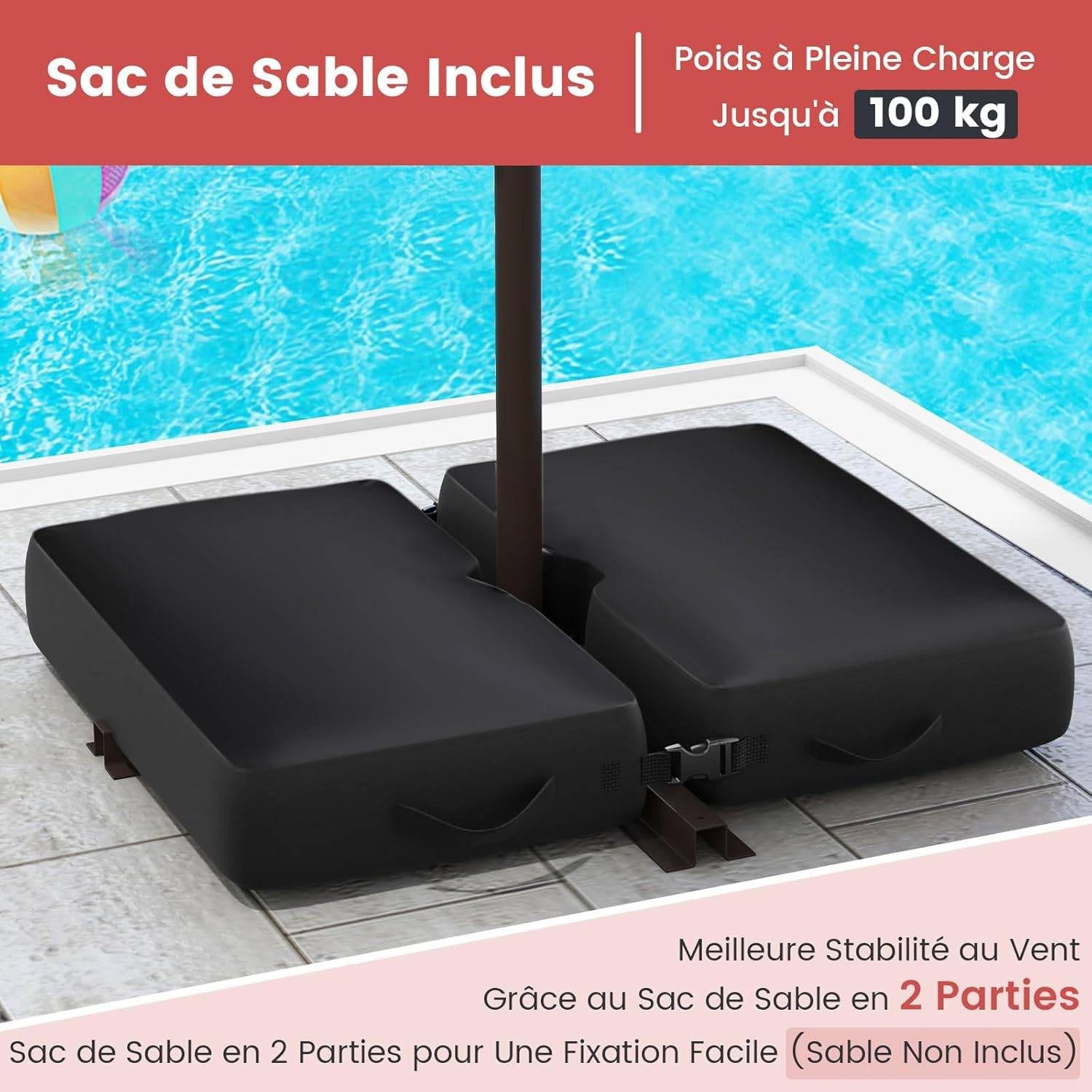 Costway - Parasol Déporté 3 x 3M, Grand Parasol de Jardin Extérieur Lumineux Solaire avec 2 Sacs de Sable, Parasol Inclinable avec Manivelle Rouge - Image 8