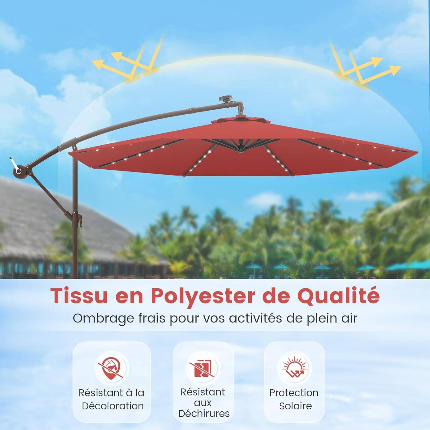 Costway - Parasol Déporté 3 x 3M, Grand Parasol de Jardin Extérieur Lumineux Solaire avec 2 Sacs de Sable, Parasol Inclinable avec Manivelle Rouge - Image 6