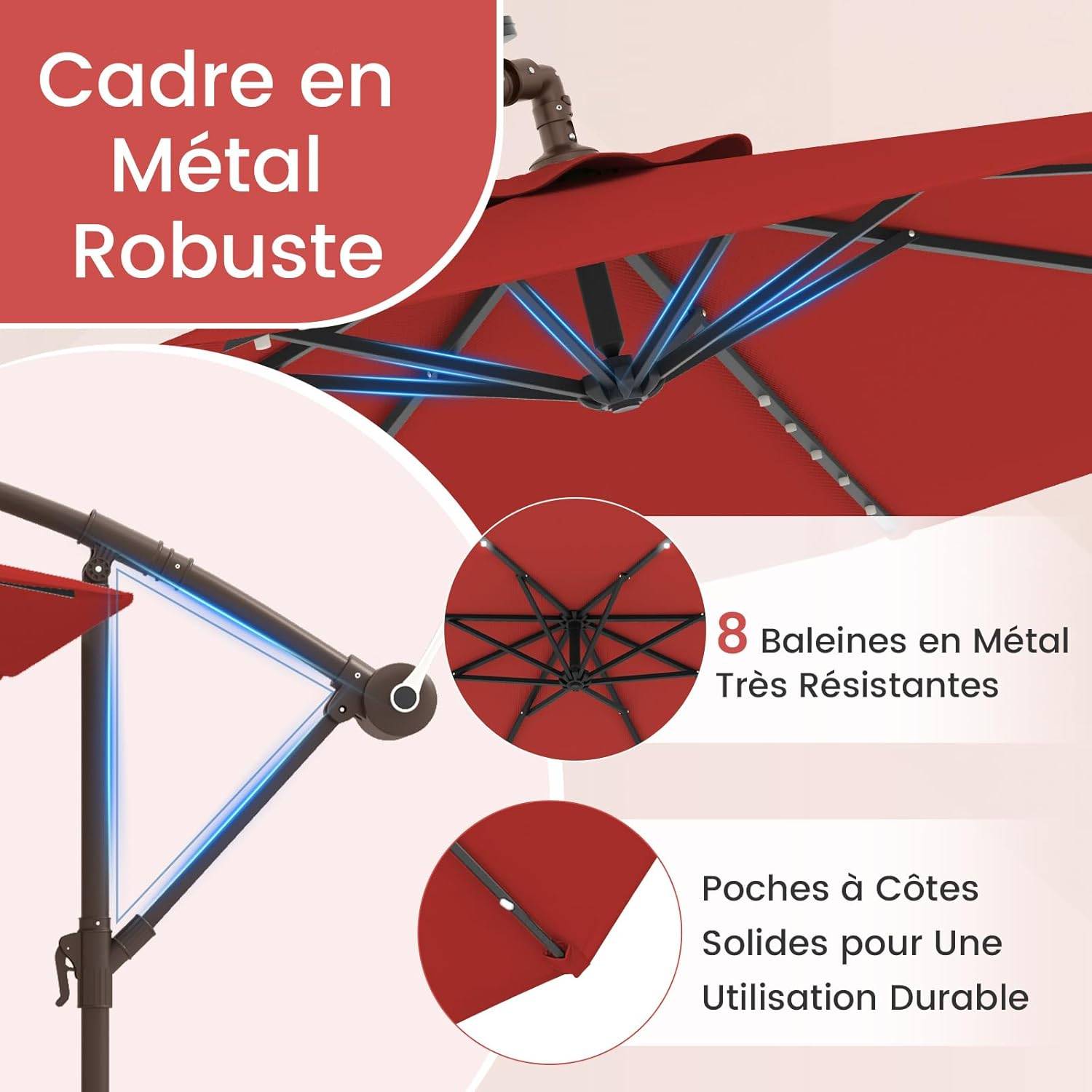 Costway - Parasol Déporté 3 x 3M, Grand Parasol de Jardin Extérieur Lumineux Solaire avec 2 Sacs de Sable, Parasol Inclinable avec Manivelle Rouge - Image 9