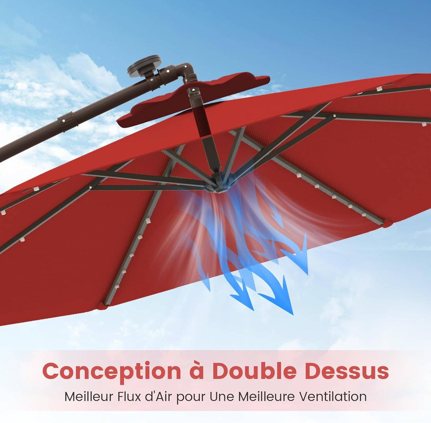 Costway - Parasol Déporté 3 x 3M, Grand Parasol de Jardin Extérieur Lumineux Solaire avec 2 Sacs de Sable, Parasol Inclinable avec Manivelle Rouge - Image 7