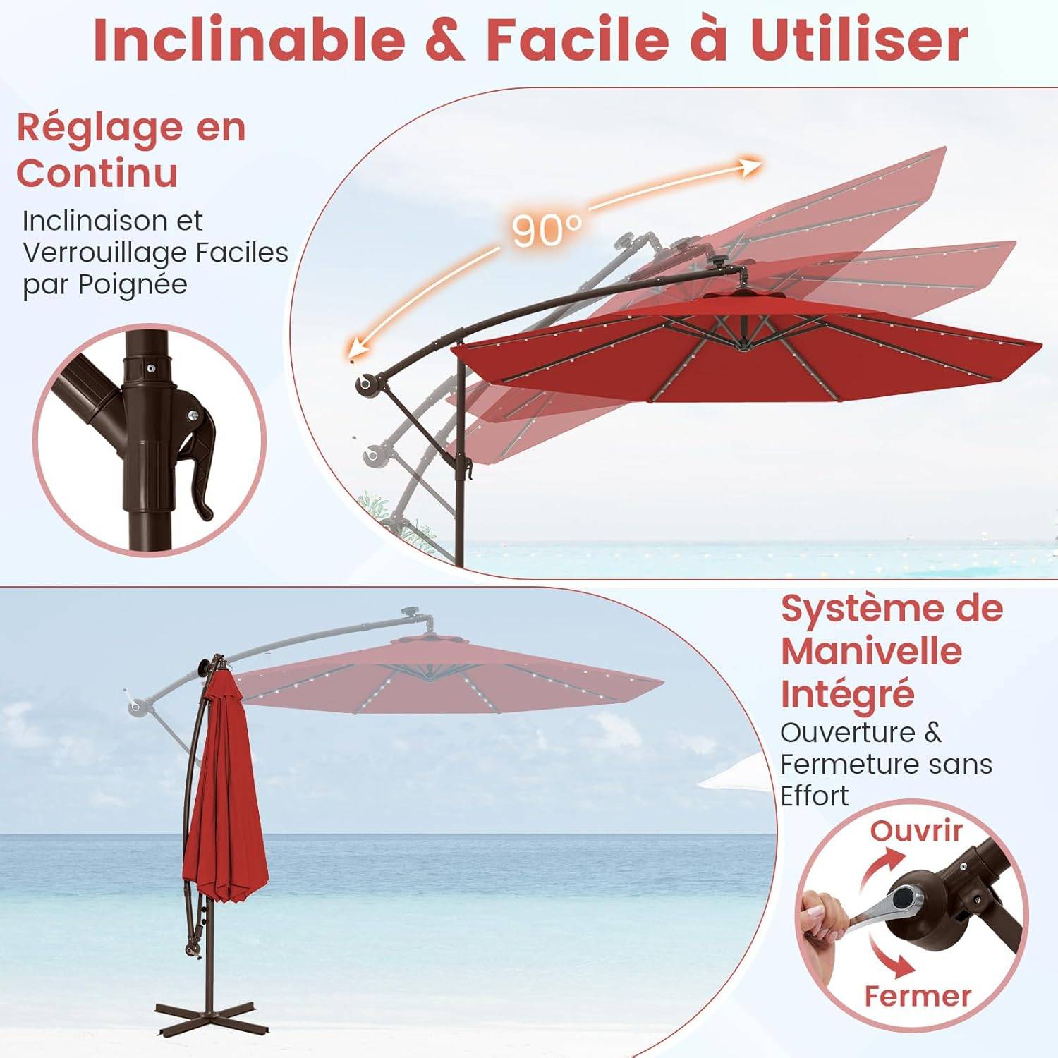 Costway - Parasol Déporté 3 x 3M, Grand Parasol de Jardin Extérieur Lumineux Solaire avec 2 Sacs de Sable, Parasol Inclinable avec Manivelle Rouge - Image 4