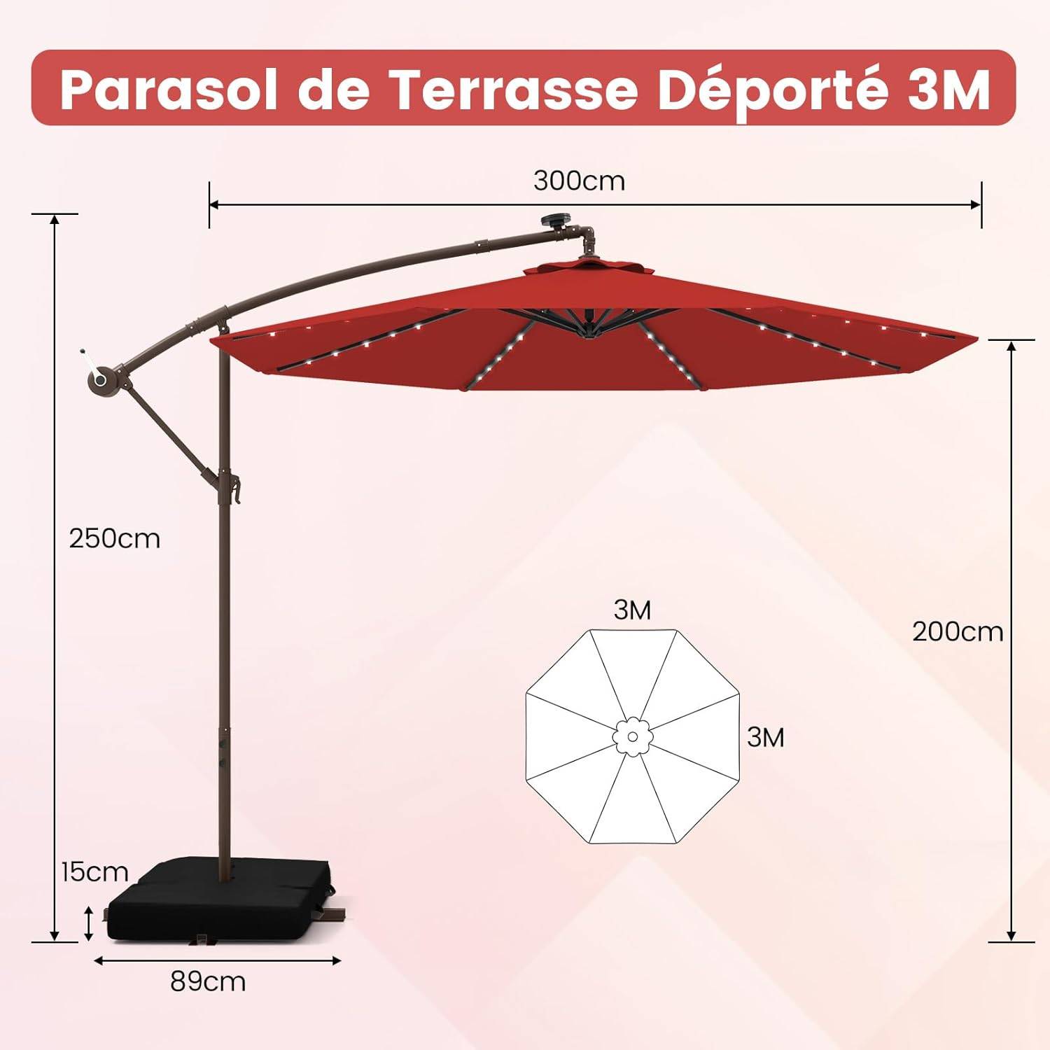 Costway - Parasol Déporté 3 x 3M, Grand Parasol de Jardin Extérieur Lumineux Solaire avec 2 Sacs de Sable, Parasol Inclinable avec Manivelle Rouge - Image 3