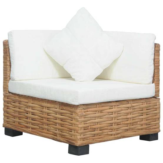 Fauteuil d'Angle Intérieur Rotin Naturel Pieds Acajou Coussins Blancs Style Bohème Chic Salon – ComfortXL Outdoor Living - Image 1