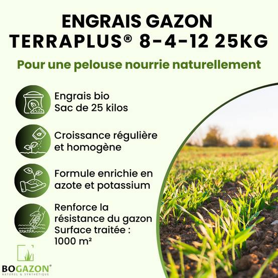 Engrais Gazon TerraPlus® Natura Balance 8-4-12 25KG Bogazon® | Fertilisant Bio pour Gazon Naturel & Durable | Nutrition Organique Équilibrée - Image 2