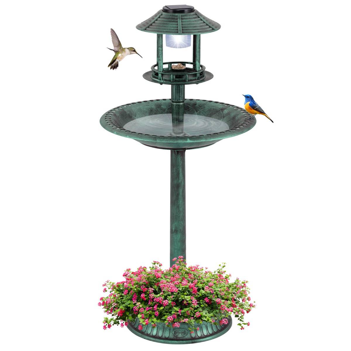 Maison Chic - Bain d'Oiseaux Solaire d'Extérieur Éclairé Nourrisseur d'Oiseaux 3 en 1 avec Base de Jardinière Lampe Solaire 51 x 51 x 107 cm Vert F63R - Image 1