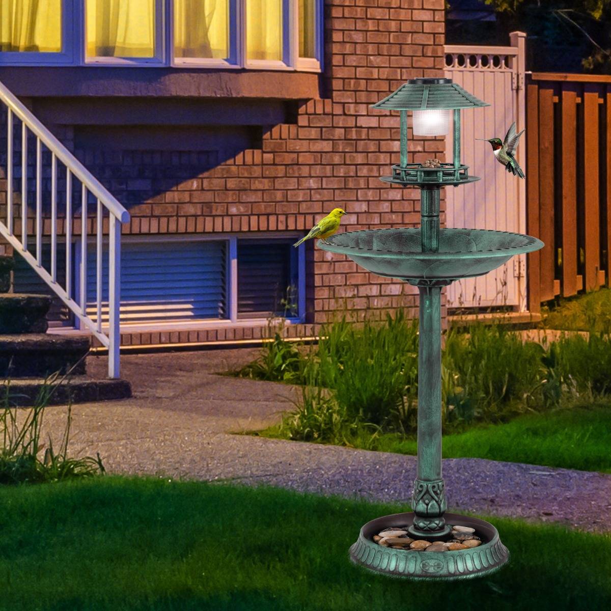 Maison Chic - Bain d'Oiseaux Solaire d'Extérieur Éclairé Nourrisseur d'Oiseaux 3 en 1 avec Base de Jardinière Lampe Solaire 51 x 51 x 107 cm Vert F63R - Image 3