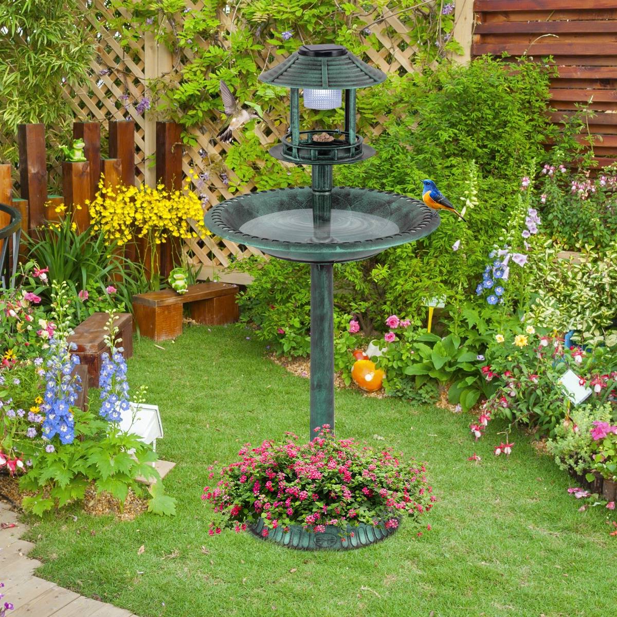 Maison Chic - Bain d'Oiseaux Solaire d'Extérieur Éclairé Nourrisseur d'Oiseaux 3 en 1 avec Base de Jardinière Lampe Solaire 51 x 51 x 107 cm Vert F63R - Image 2