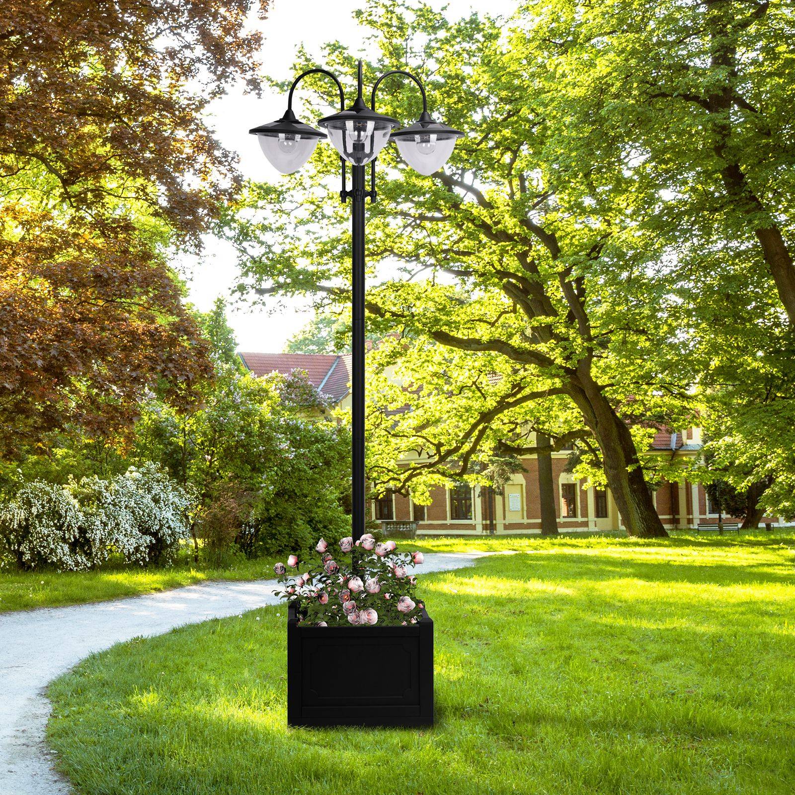 Lampadaire Solaire Extérieur 3 Lanternes avec Bac à Fleurs 189cm Noir - ComfortXL Outdoor Living - Image 1