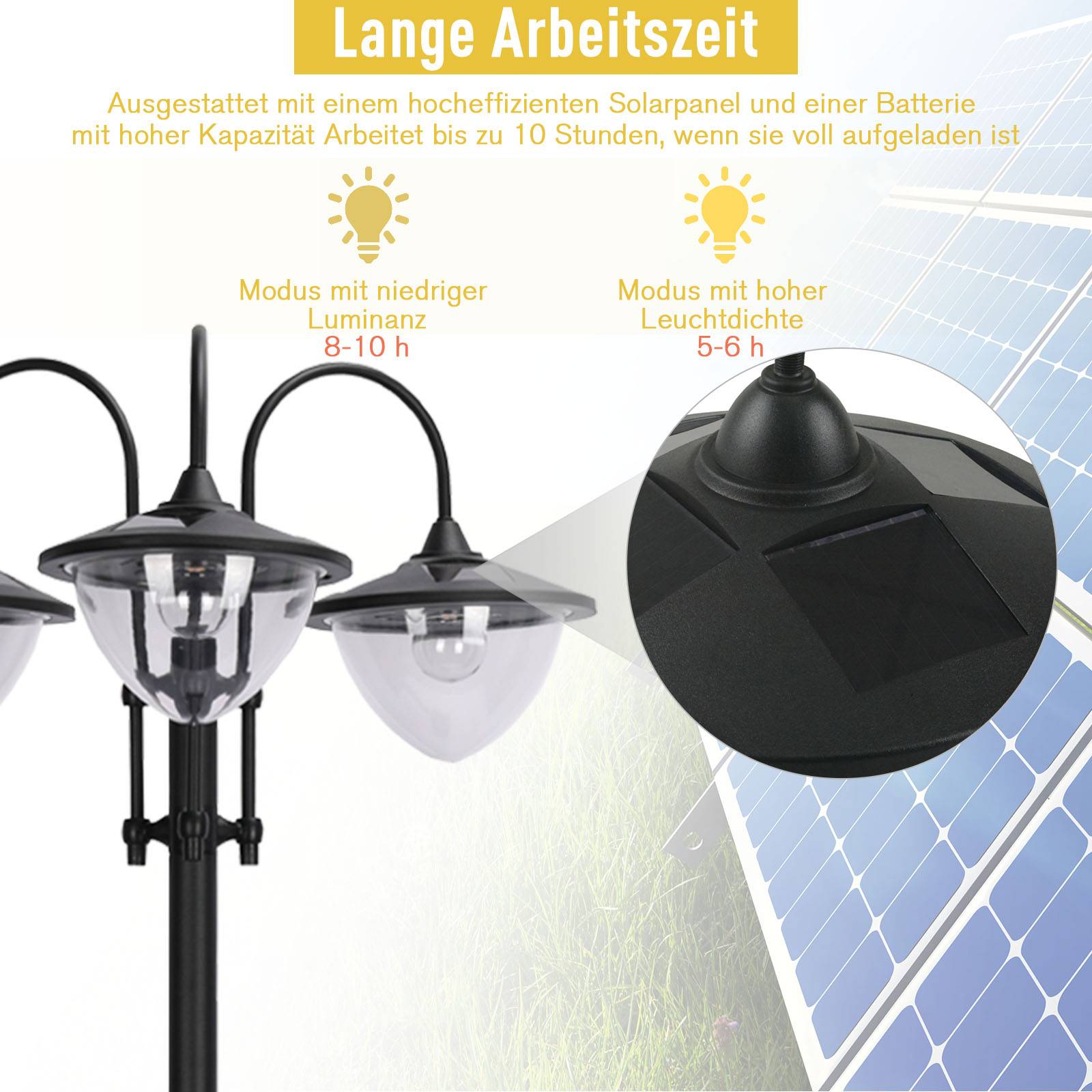 Lampadaire Solaire Extérieur 3 Lanternes avec Bac à Fleurs 189cm Noir - ComfortXL Outdoor Living - Image 3