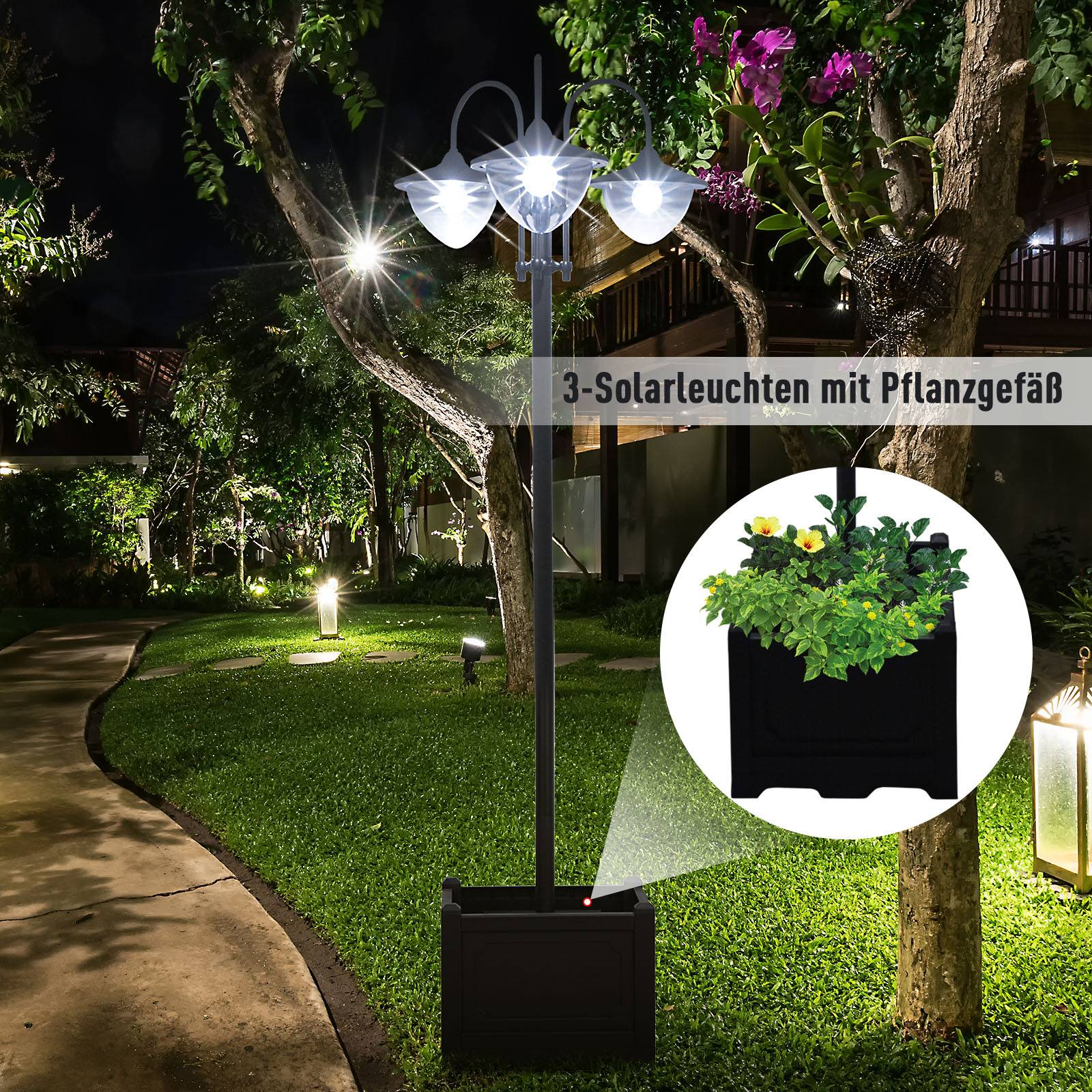 Lampadaire Solaire Extérieur 3 Lanternes avec Bac à Fleurs 189cm Noir - ComfortXL Outdoor Living - Image 6