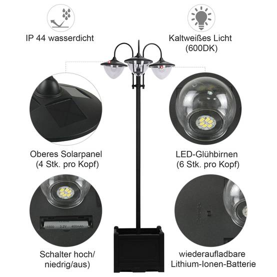 Lampadaire Solaire Extérieur 3 Lanternes avec Bac à Fleurs 189cm Noir - ComfortXL Outdoor Living - Image 5