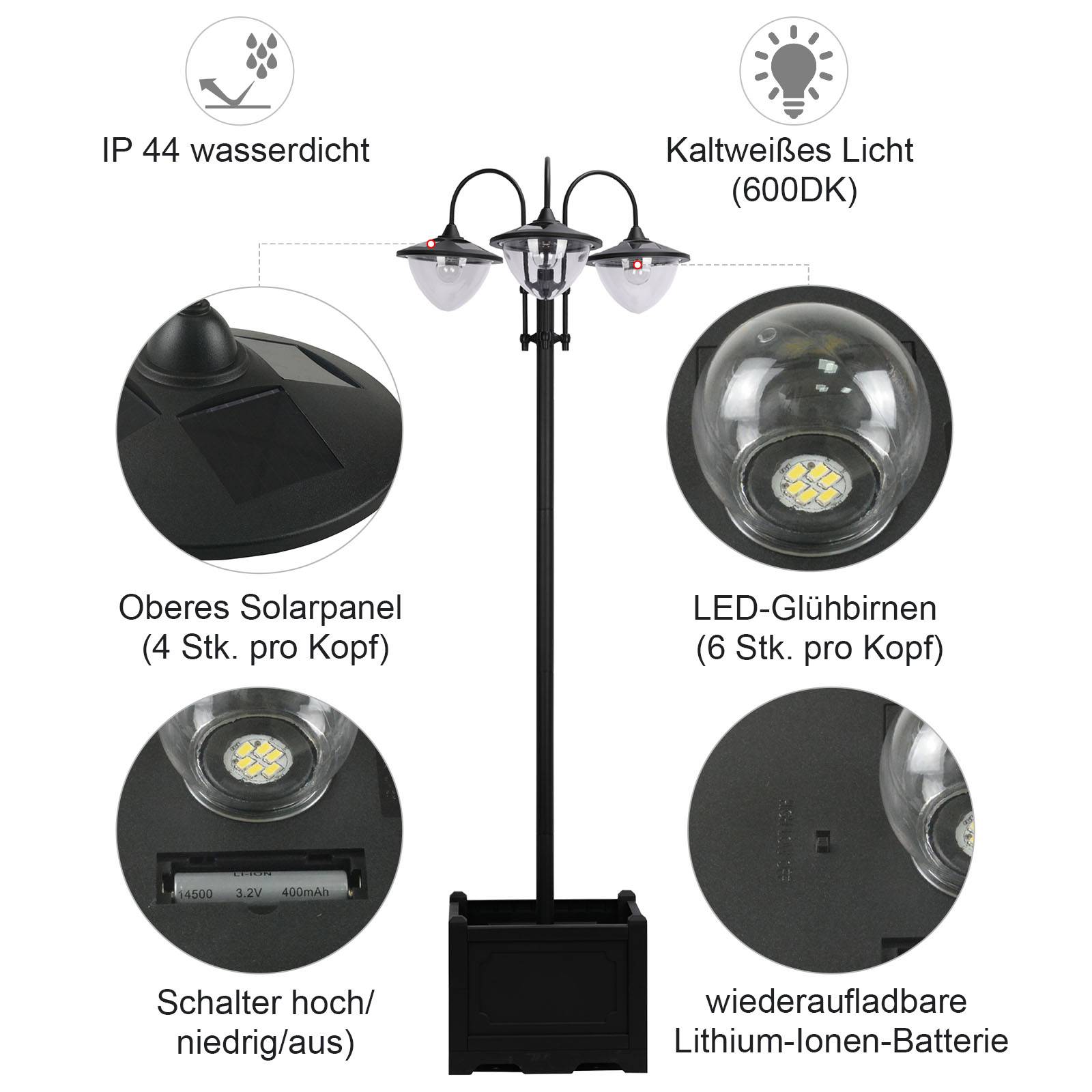 Lampadaire Solaire Extérieur 3 Lanternes avec Bac à Fleurs 189cm Noir - ComfortXL Outdoor Living - Image 5
