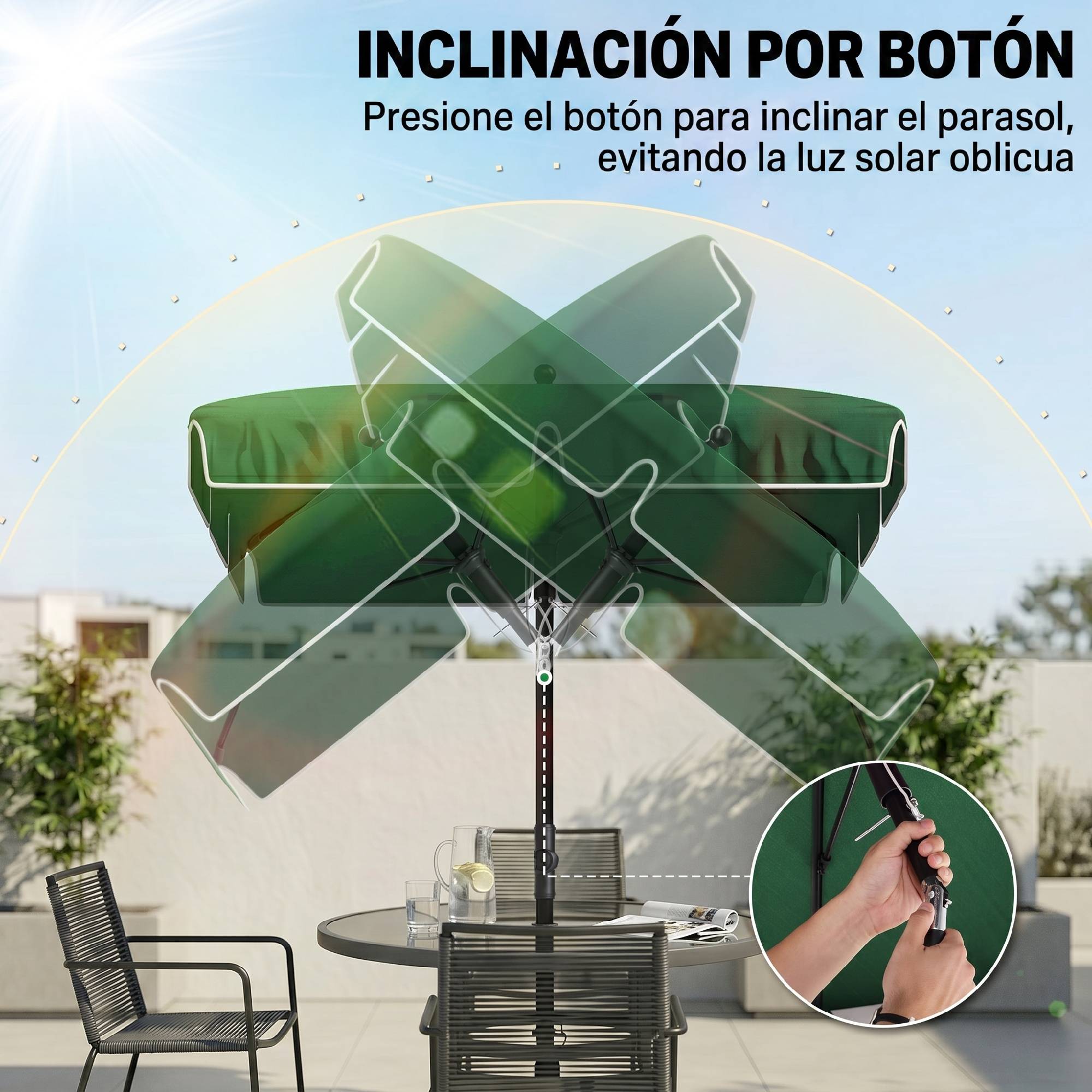 Parasol de terrasse rectangulaire en aluminium 2 x 1,3 x 2,5 m, inclinable, vert - Image 8