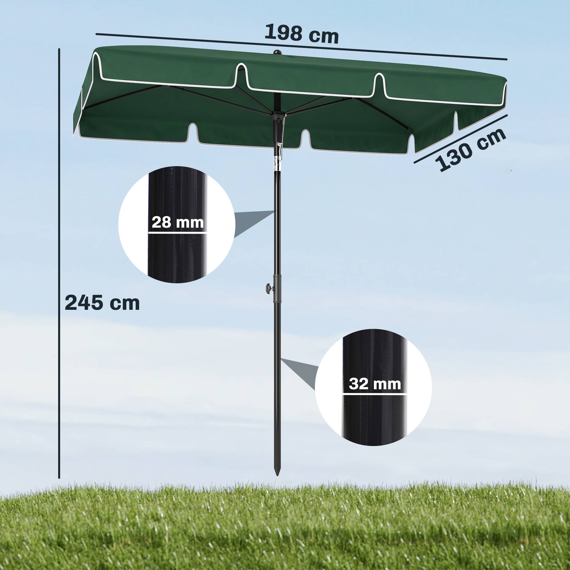 Parasol de terrasse rectangulaire en aluminium 2 x 1,3 x 2,5 m, inclinable, vert - Image 5