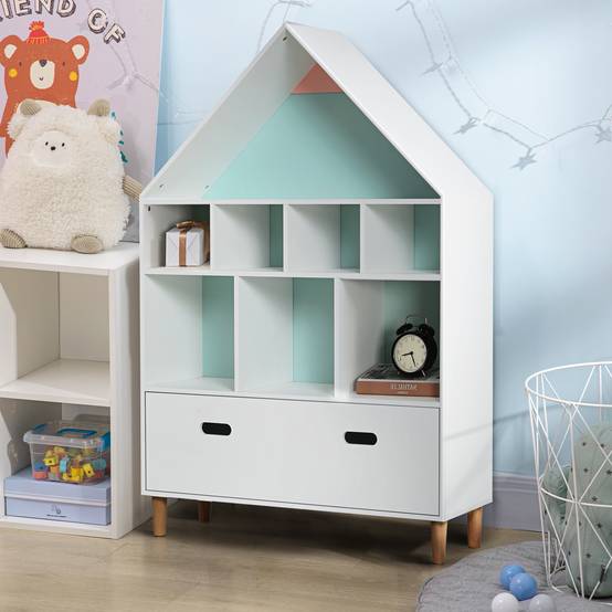 Bibliothèque enfant en bois, en forme de maison, avec 8 compartiments ouverts et un tiroir, 2 couleurs, 82 x 30 x 126 cm, blanche - Image 4