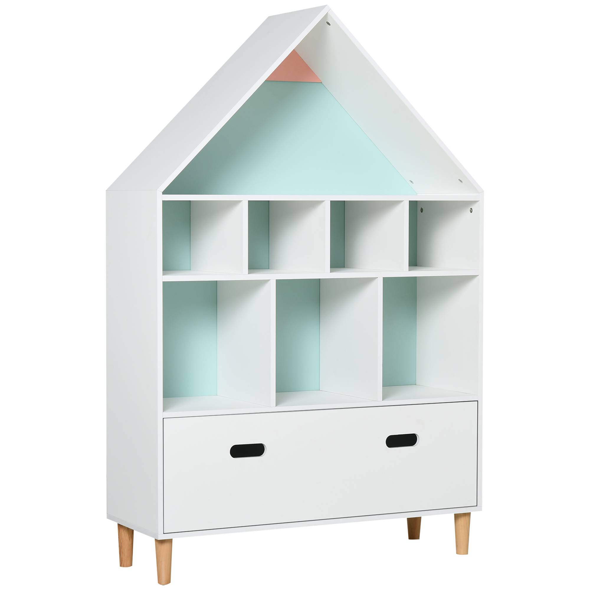 Bibliothèque enfant en bois, en forme de maison, avec 8 compartiments ouverts et un tiroir, 2 couleurs, 82 x 30 x 126 cm, blanche - Image 1