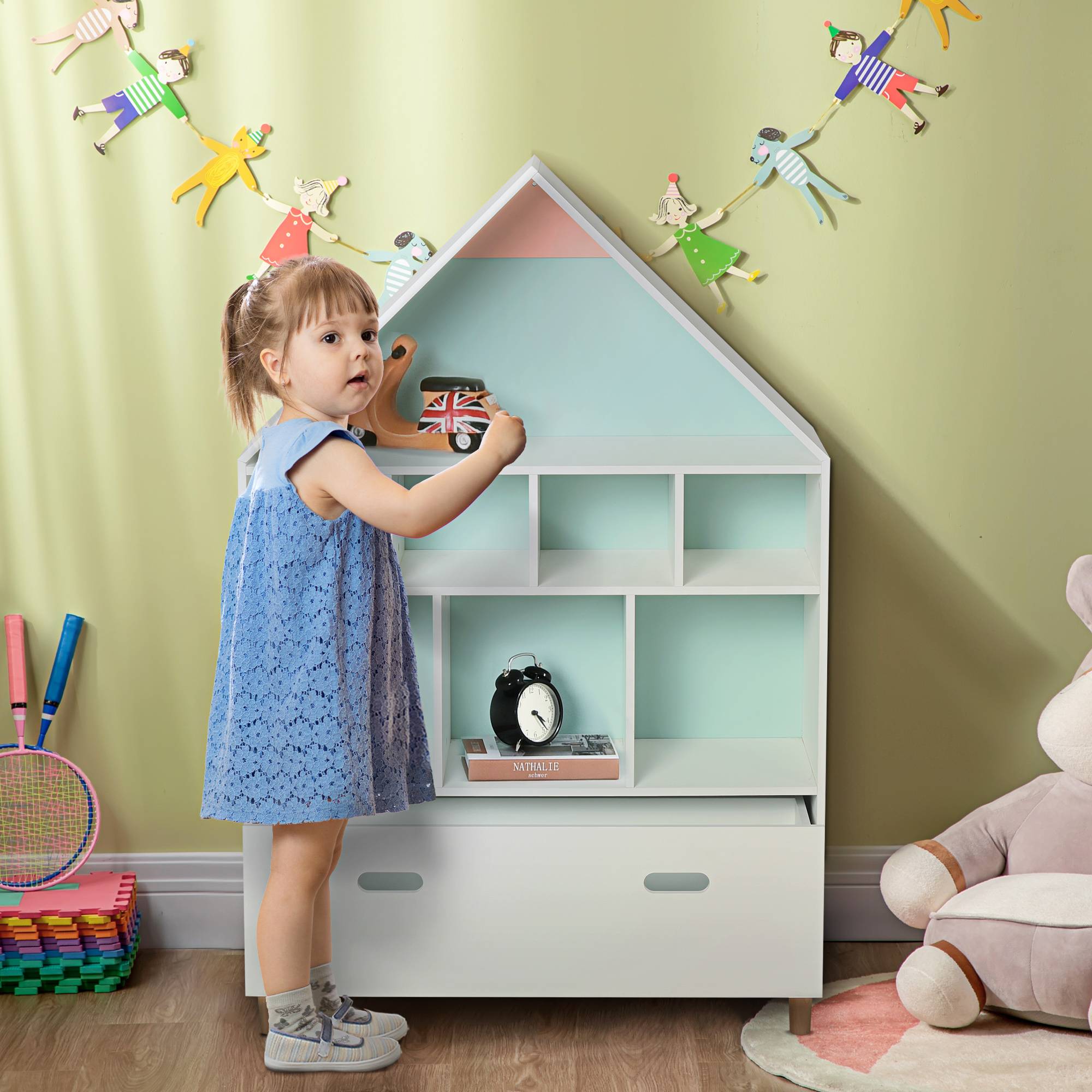 Bibliothèque enfant en bois, en forme de maison, avec 8 compartiments ouverts et un tiroir, 2 couleurs, 82 x 30 x 126 cm, blanche - Image 3