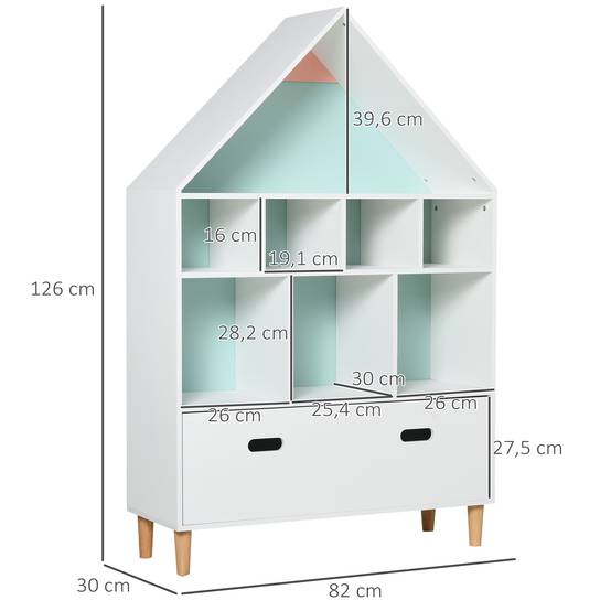 Bibliothèque enfant en bois, en forme de maison, avec 8 compartiments ouverts et un tiroir, 2 couleurs, 82 x 30 x 126 cm, blanche - Image 5