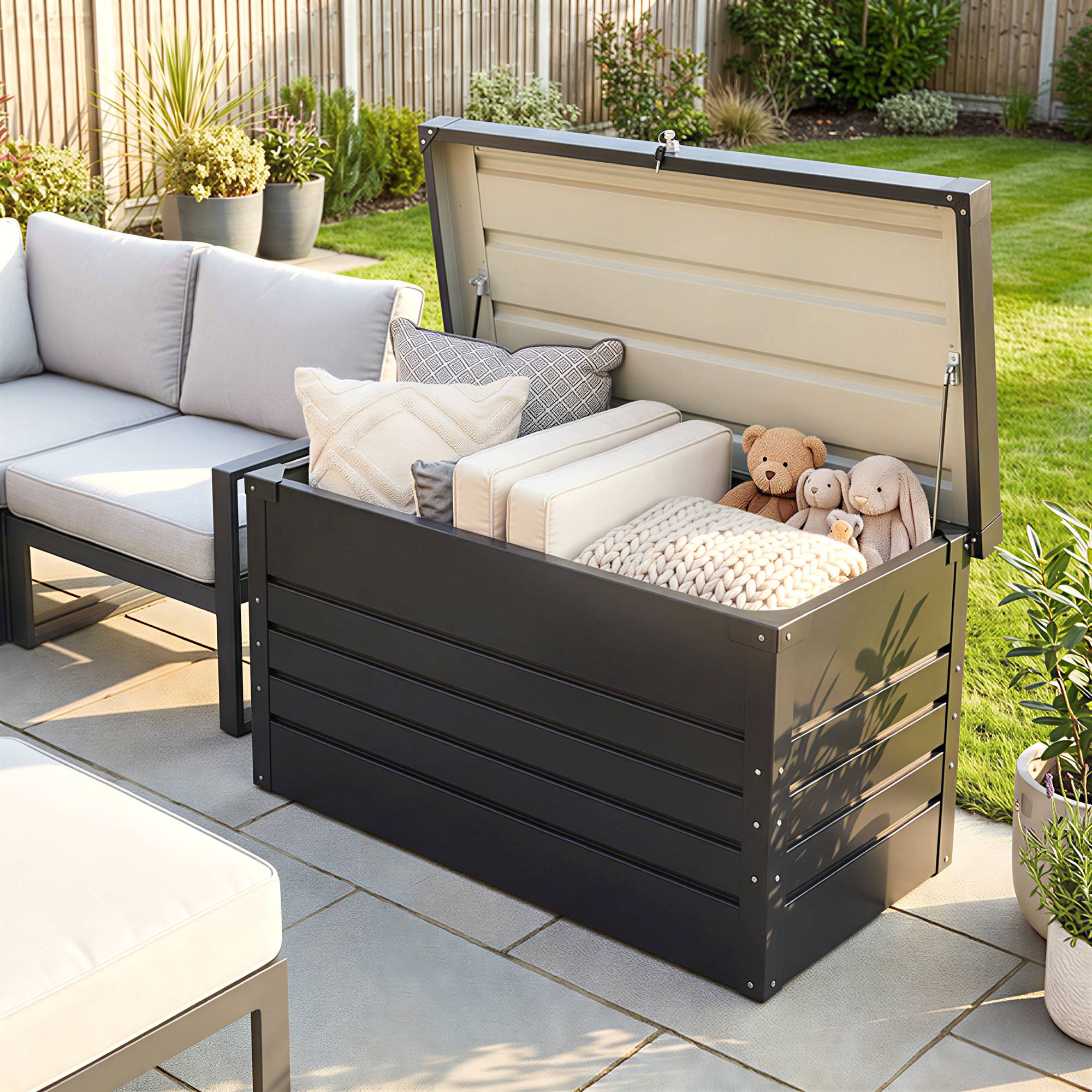ComfortXL - Coffre de rangement jardin en acier galvanisé gris 350 L 120 x 61 x 62 cm étanche avec serrure intégrée - Image 9