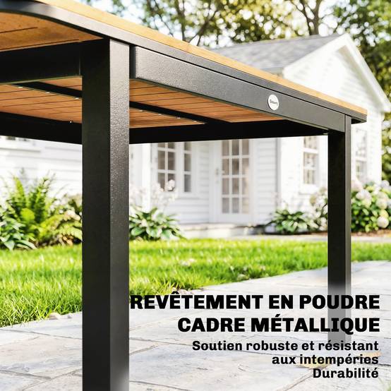 Table de Jardin 6 Personnes Rectangulaire en Bois Composite Cadre en Métal et Plateau à Lattes 127x70cm Marron - Image 8