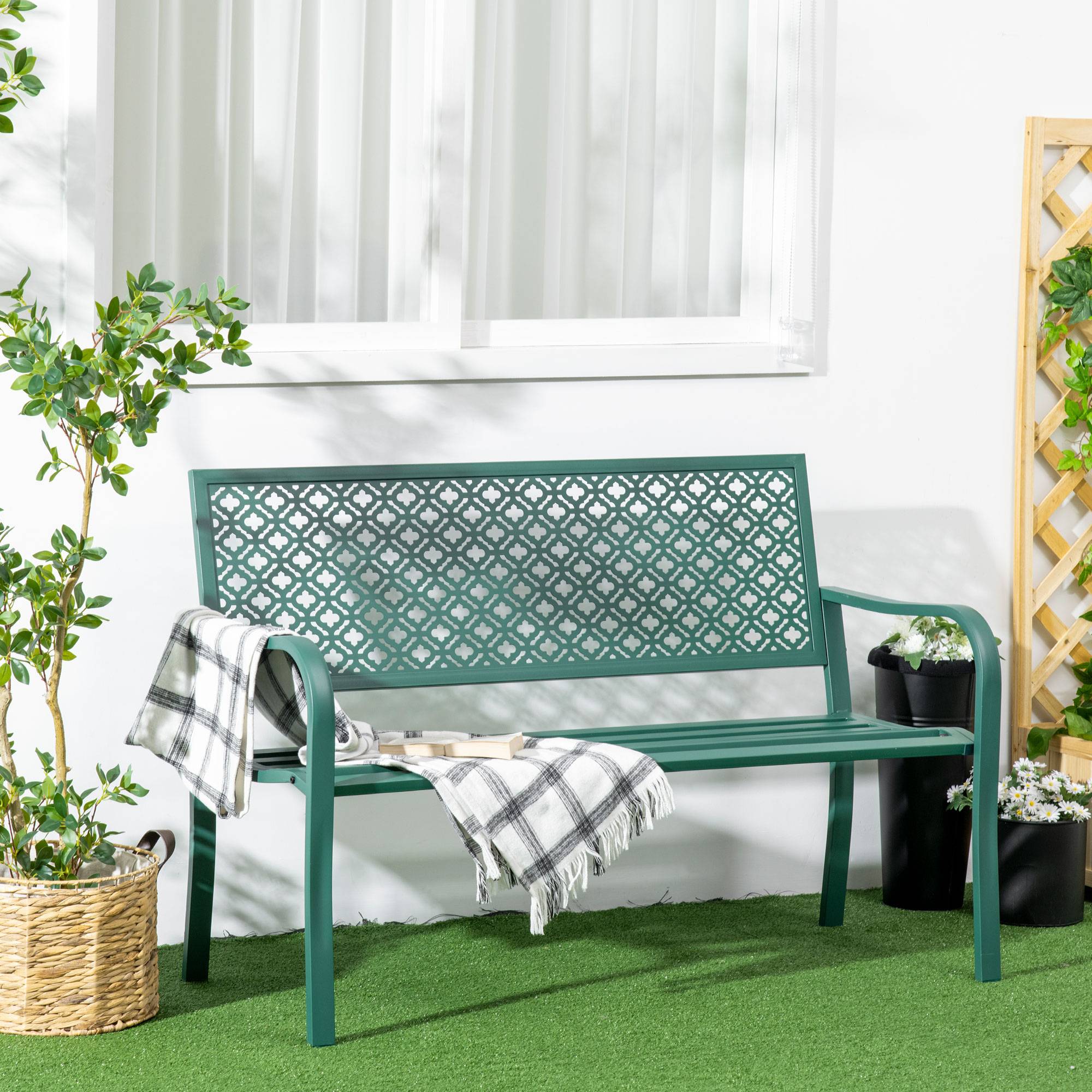 Banc de jardin banc extérieur jardin en acier avec dossier à motif floral pour 2 personnes 127 x 63 x 83 cm vert foncé - Image 3