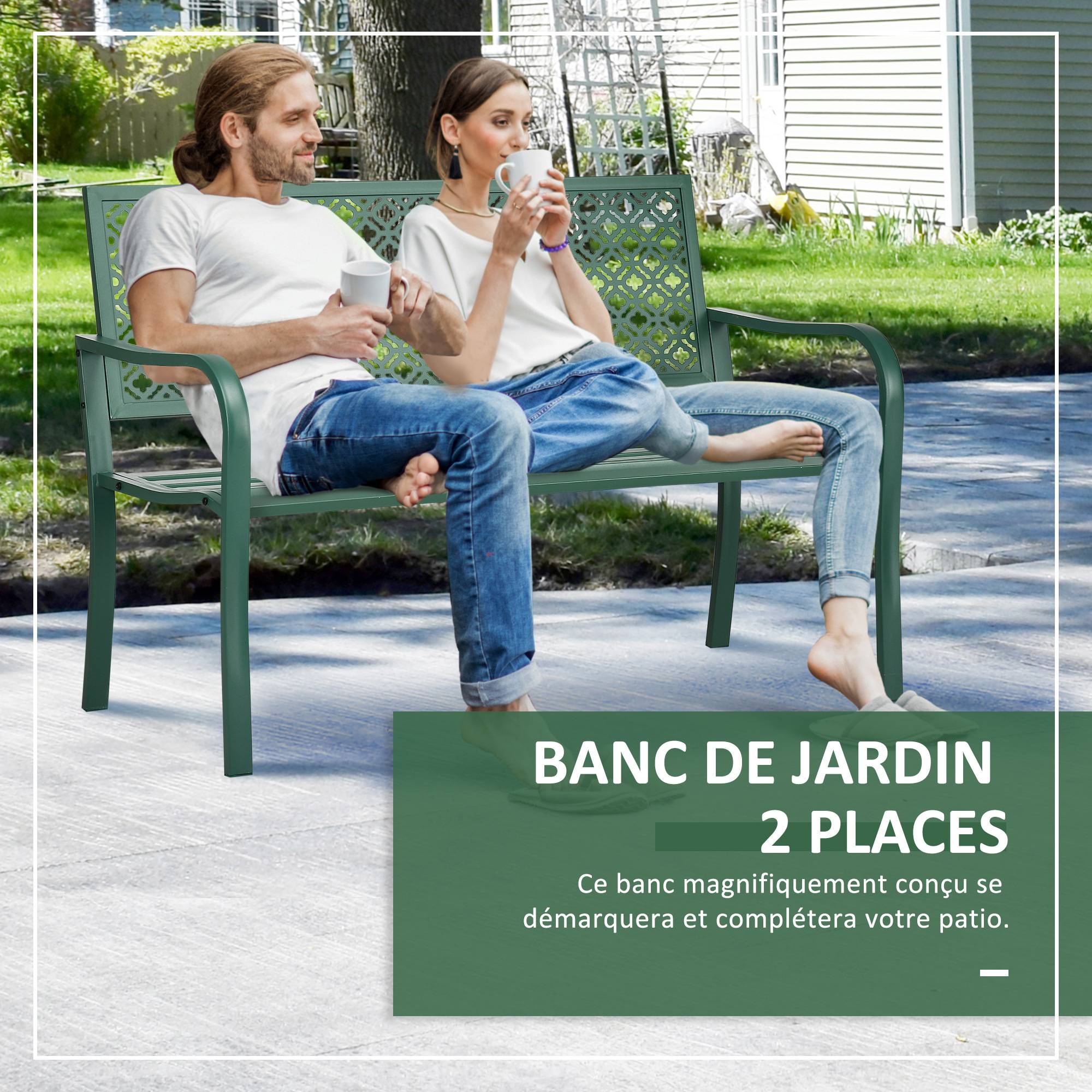 Banc de jardin banc extérieur jardin en acier avec dossier à motif floral pour 2 personnes 127 x 63 x 83 cm vert foncé - Image 7