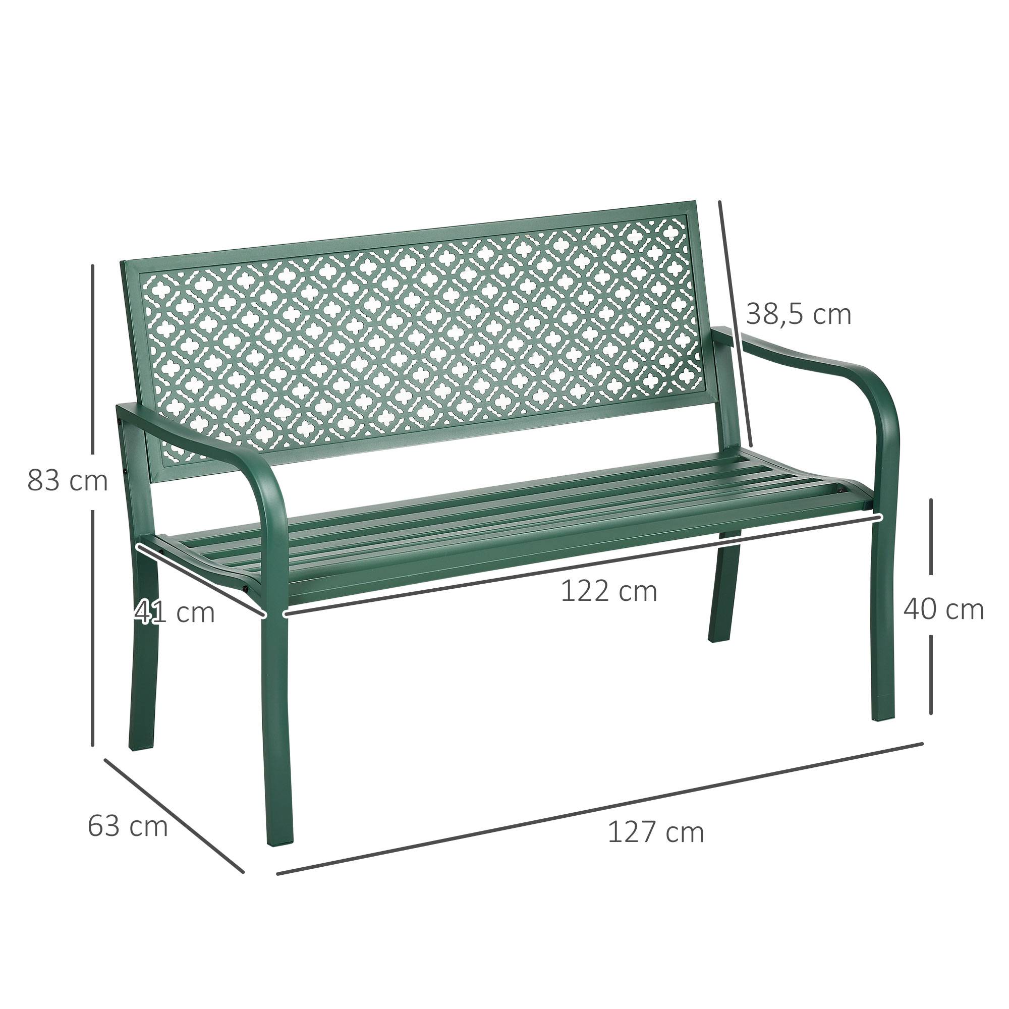 Banc de jardin banc extérieur jardin en acier avec dossier à motif floral pour 2 personnes 127 x 63 x 83 cm vert foncé - Image 5