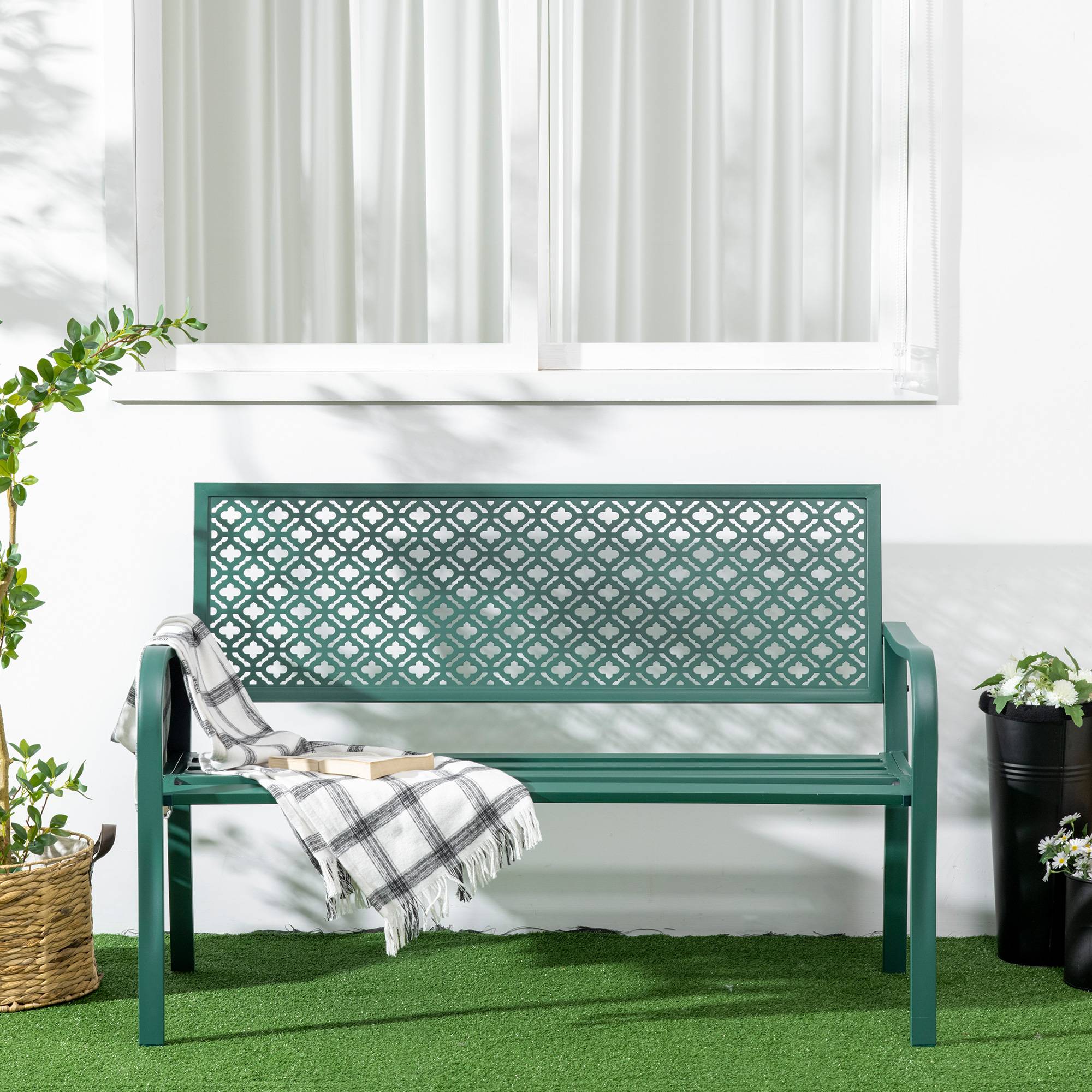 Banc de jardin banc extérieur jardin en acier avec dossier à motif floral pour 2 personnes 127 x 63 x 83 cm vert foncé - Image 8