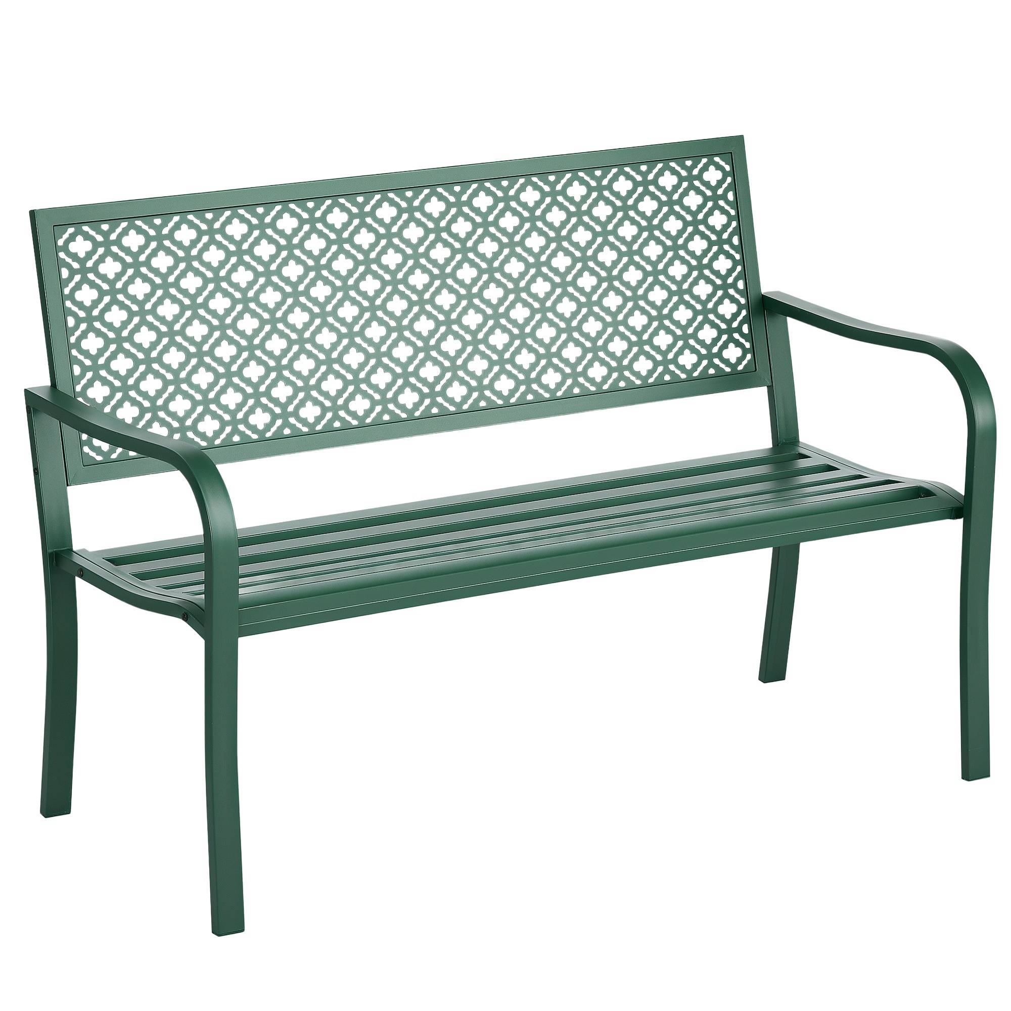 Banc de jardin banc extérieur jardin en acier avec dossier à motif floral pour 2 personnes 127 x 63 x 83 cm vert foncé - Image 1