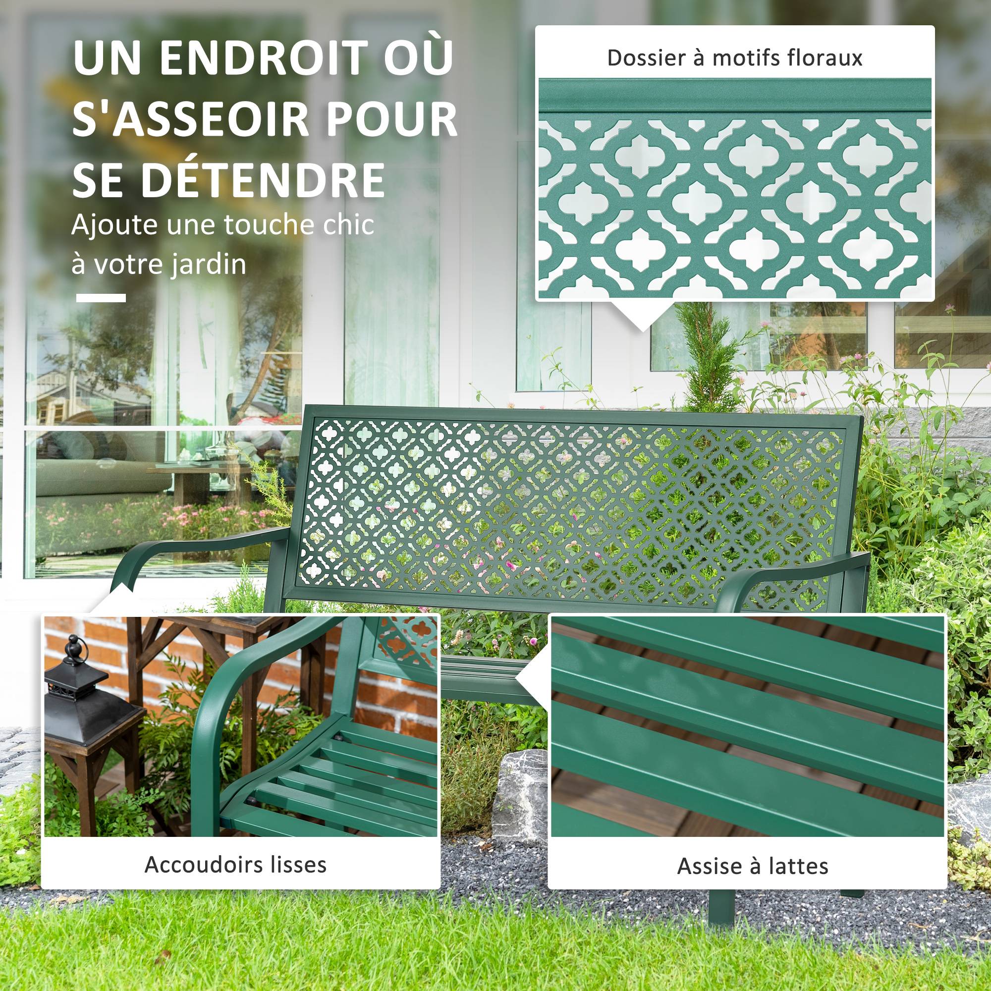 Banc de jardin banc extérieur jardin en acier avec dossier à motif floral pour 2 personnes 127 x 63 x 83 cm vert foncé - Image 6