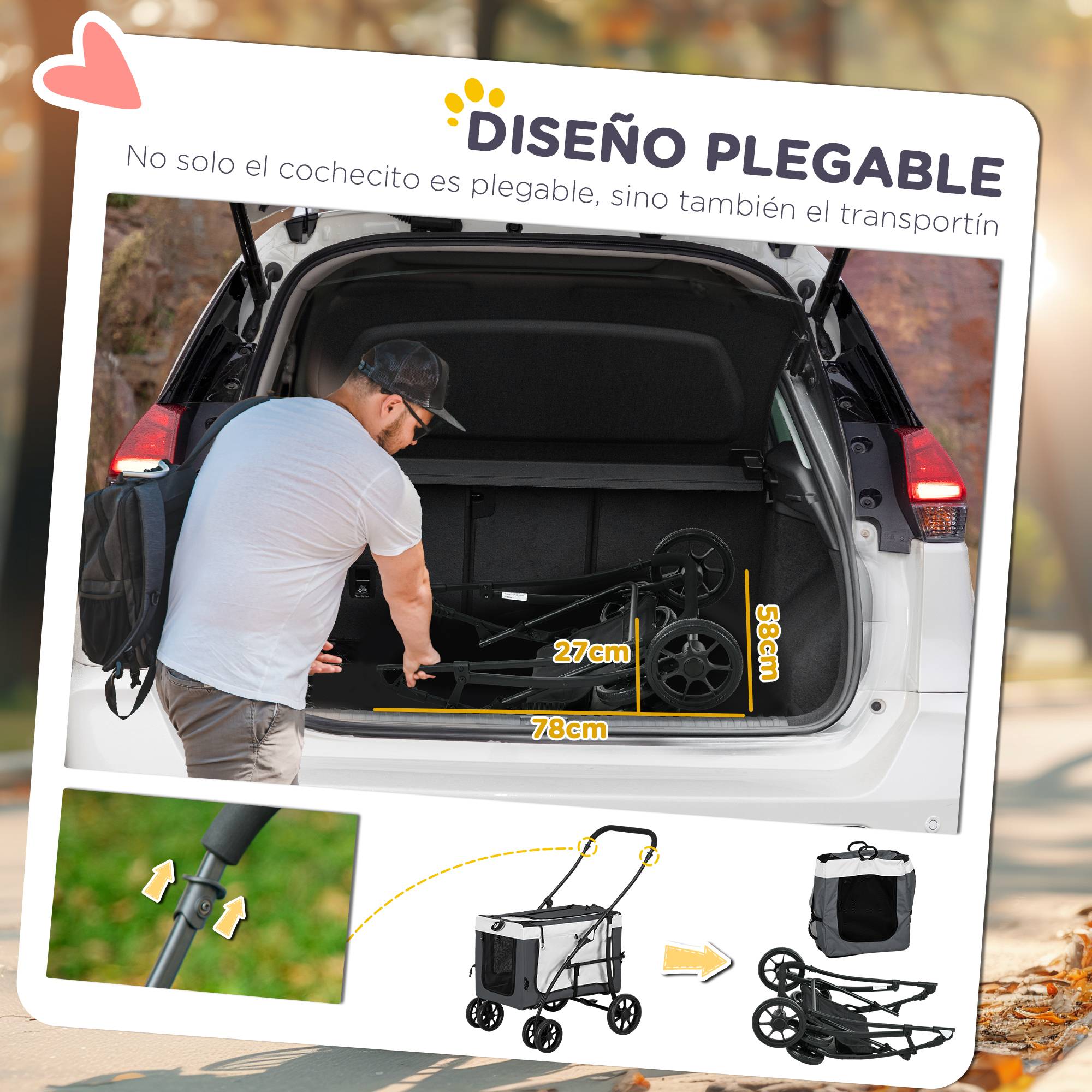 Poussette pliable pour petits chiens, avec wagon détachable, 4 portes zippées, grise - Image 8