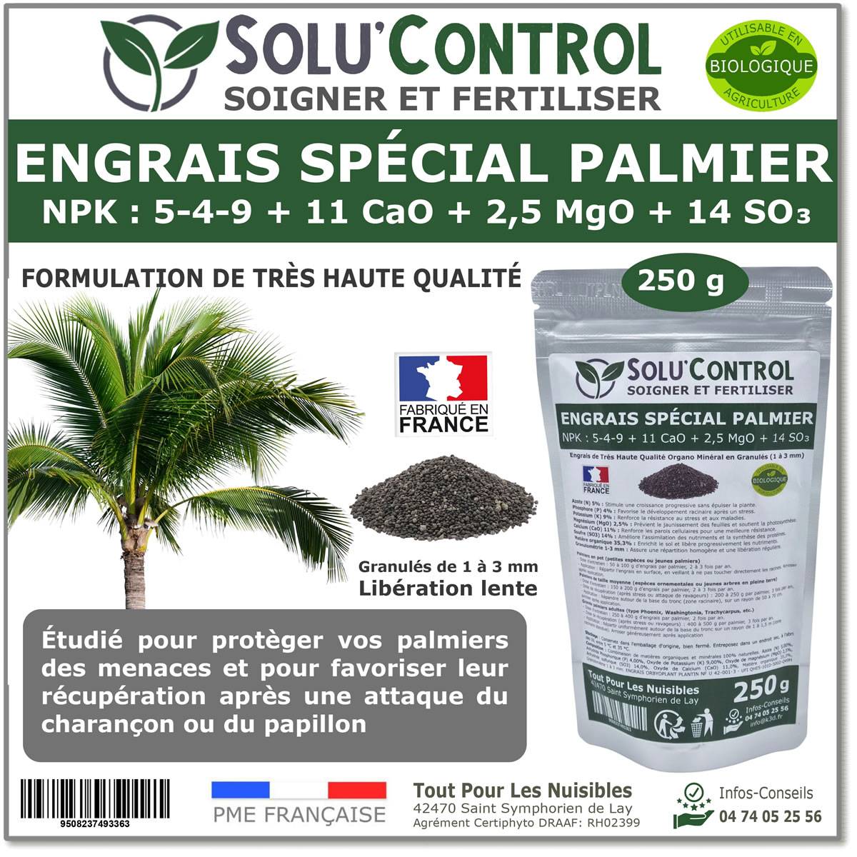 SOLU’CONTROL - Engrais Spécial Palmier 250 g - Formulation haute qualité Organo-Minerale - Idéal après attaque charançon rouge, papillon du palmier - Image 1