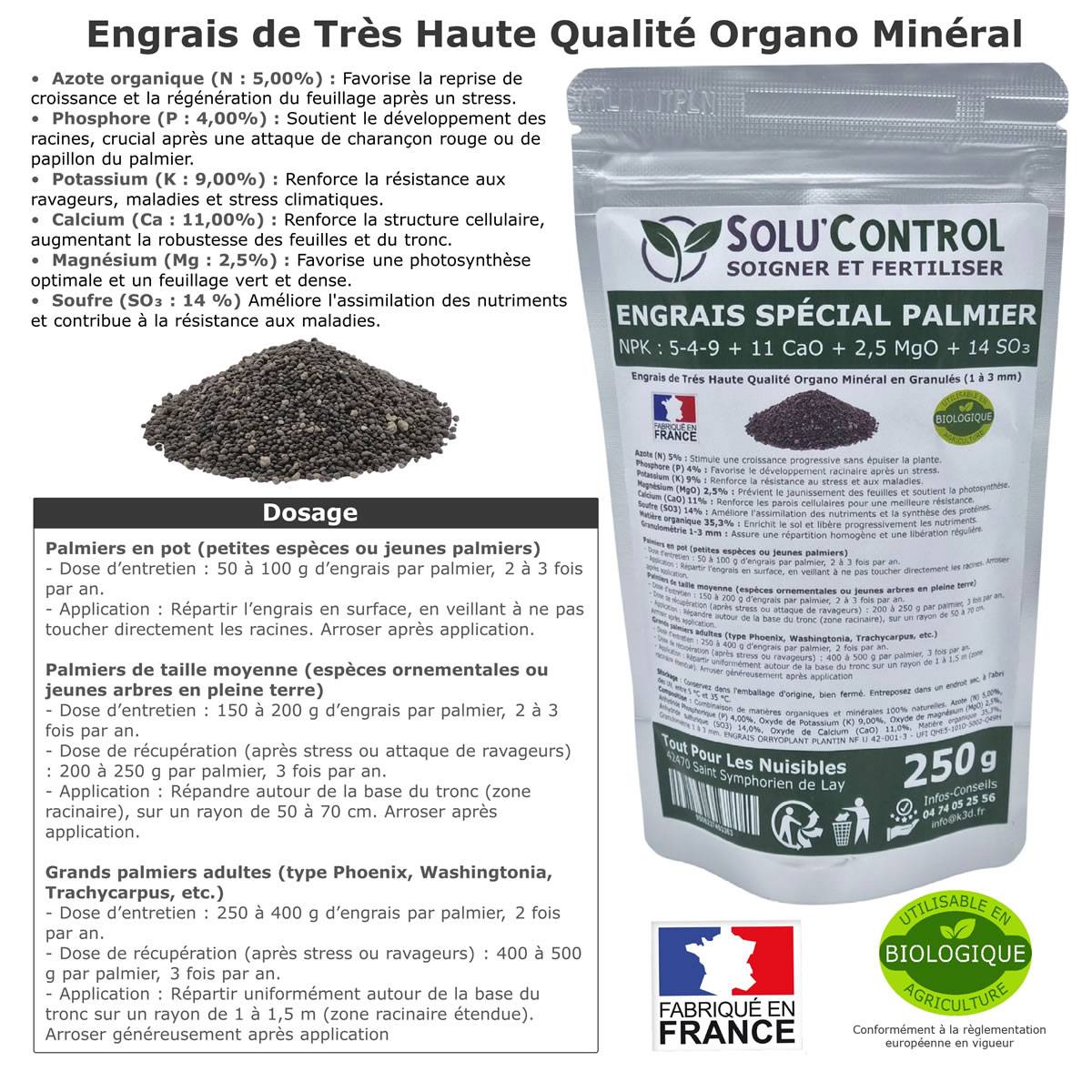 SOLU’CONTROL - Engrais Spécial Palmier 250 g - Formulation haute qualité Organo-Minerale - Idéal après attaque charançon rouge, papillon du palmier - Image 2