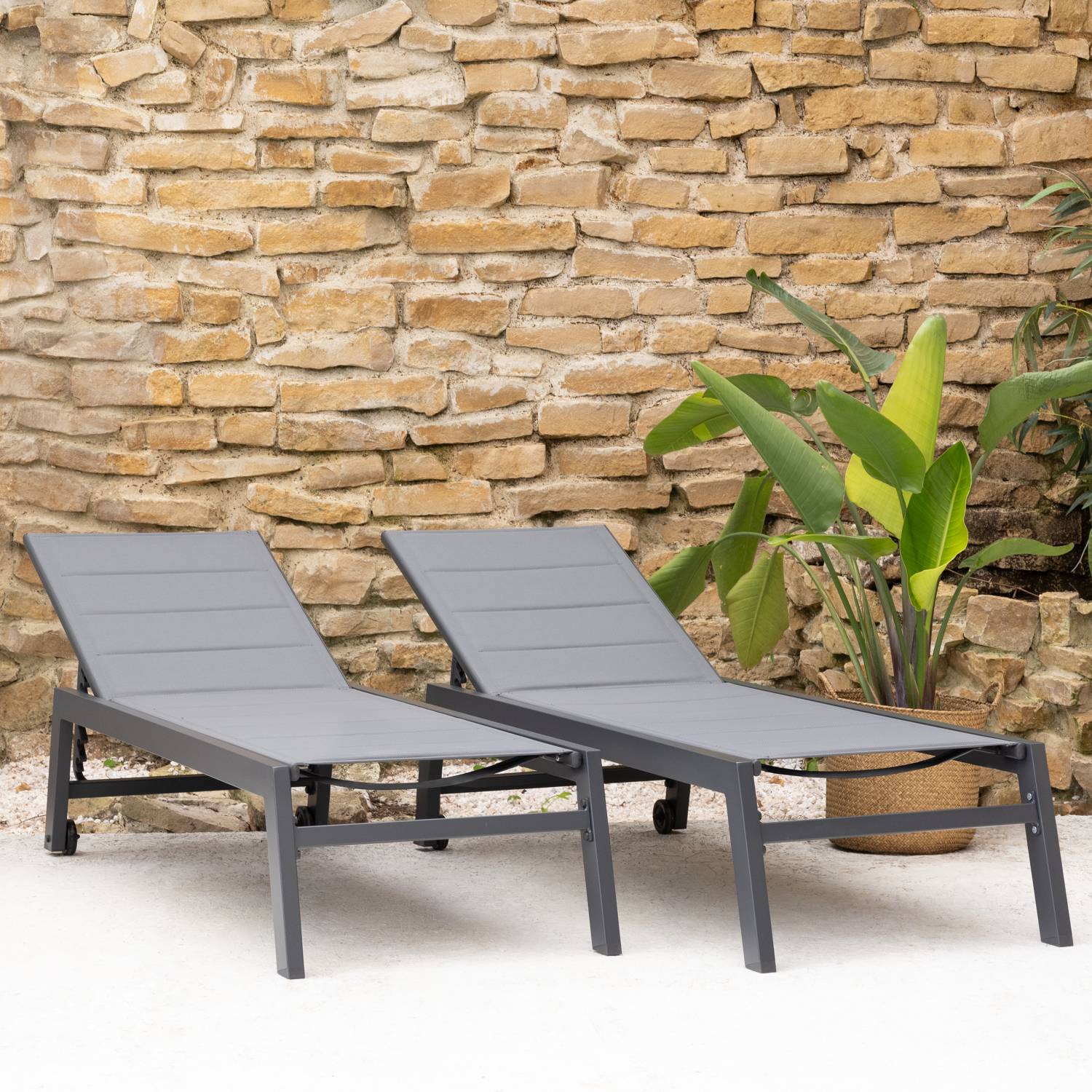 Happy Garden - Lot de 2 bains de soleil BARBADOS en textilène gris - aluminium gris anthracite - HAPPY GARDEN - Image 10
